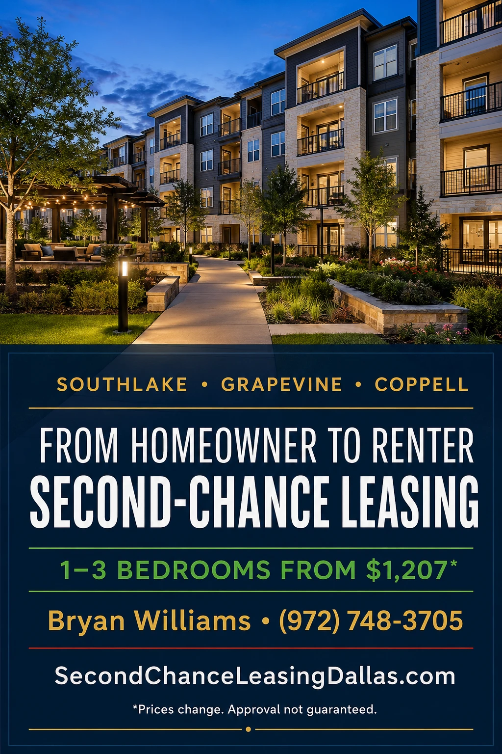 From Homeowner to Renter: Finding an Apartment Near Southlake, Grapevine, or Coppell After Foreclosure | SECOND CHANCE LEASING | 1–3 BEDROOM APARTMENTS FROM $1,207 | UPSCALE SUBURBAN LIVING