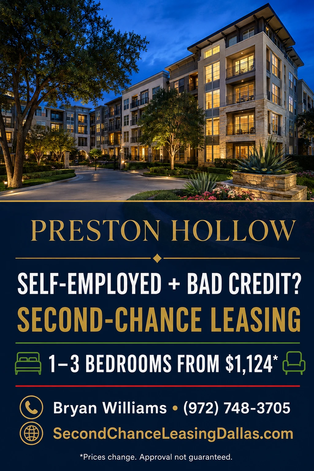 Self-Employed With Bad Credit? Finding Second-Chance Apartments Near Preston Hollow | SECOND CHANCE LEASING | 1–3 BEDROOM APARTMENTS FROM $1,124 | UPSCALE NORTH DALLAS LIVING