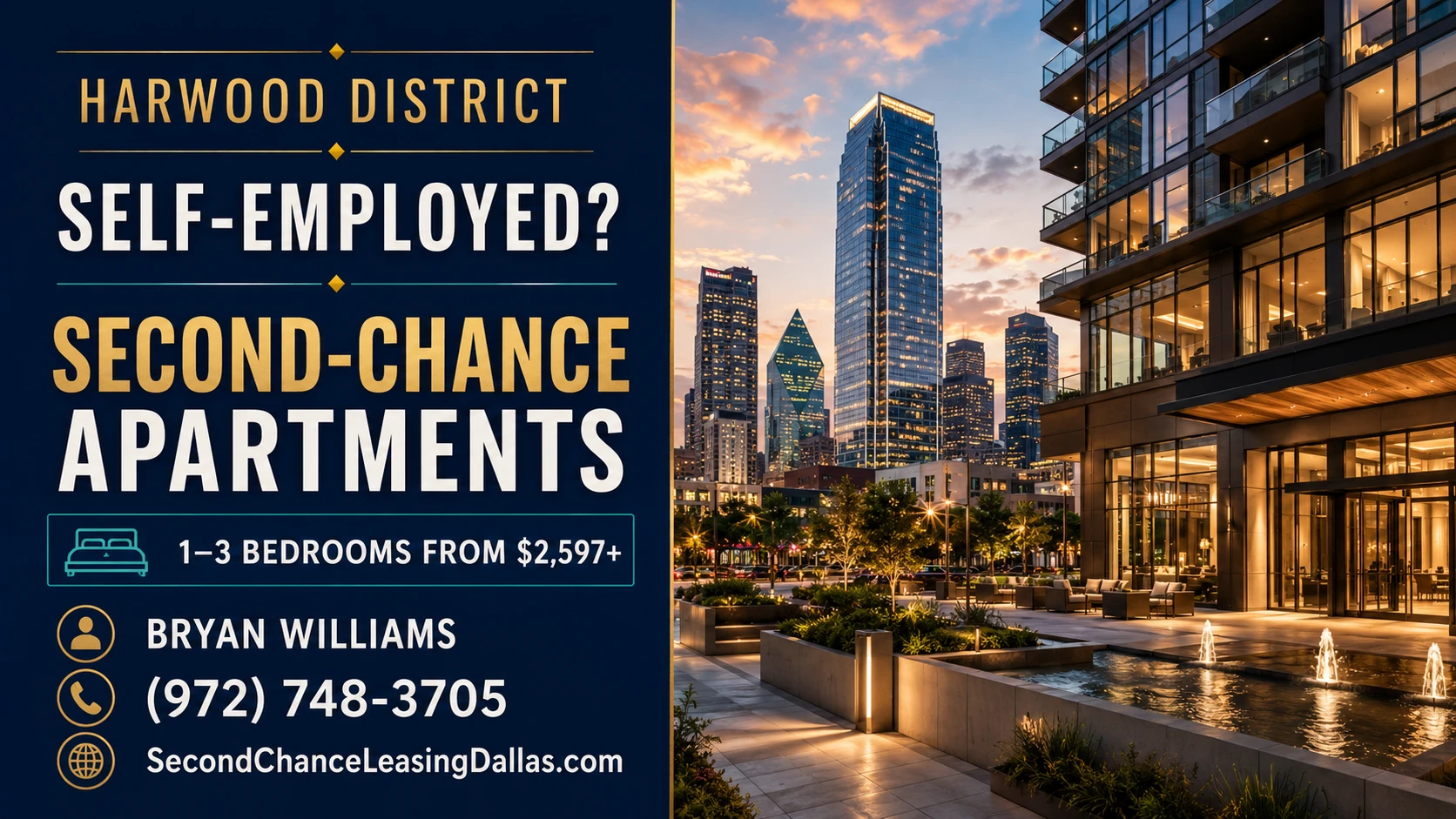 SELF-EMPLOYED WITH HIGH INCOME BUT BAD CREDIT? SECOND-CHANCE LUXURY APARTMENTS IN DALLAS’ HARWOOD DISTRICT | 1–3 BEDROOM APARTMENTS FROM $2,597+ | SKYLINE VIEWS + RESORT-STYLE AMENITIES