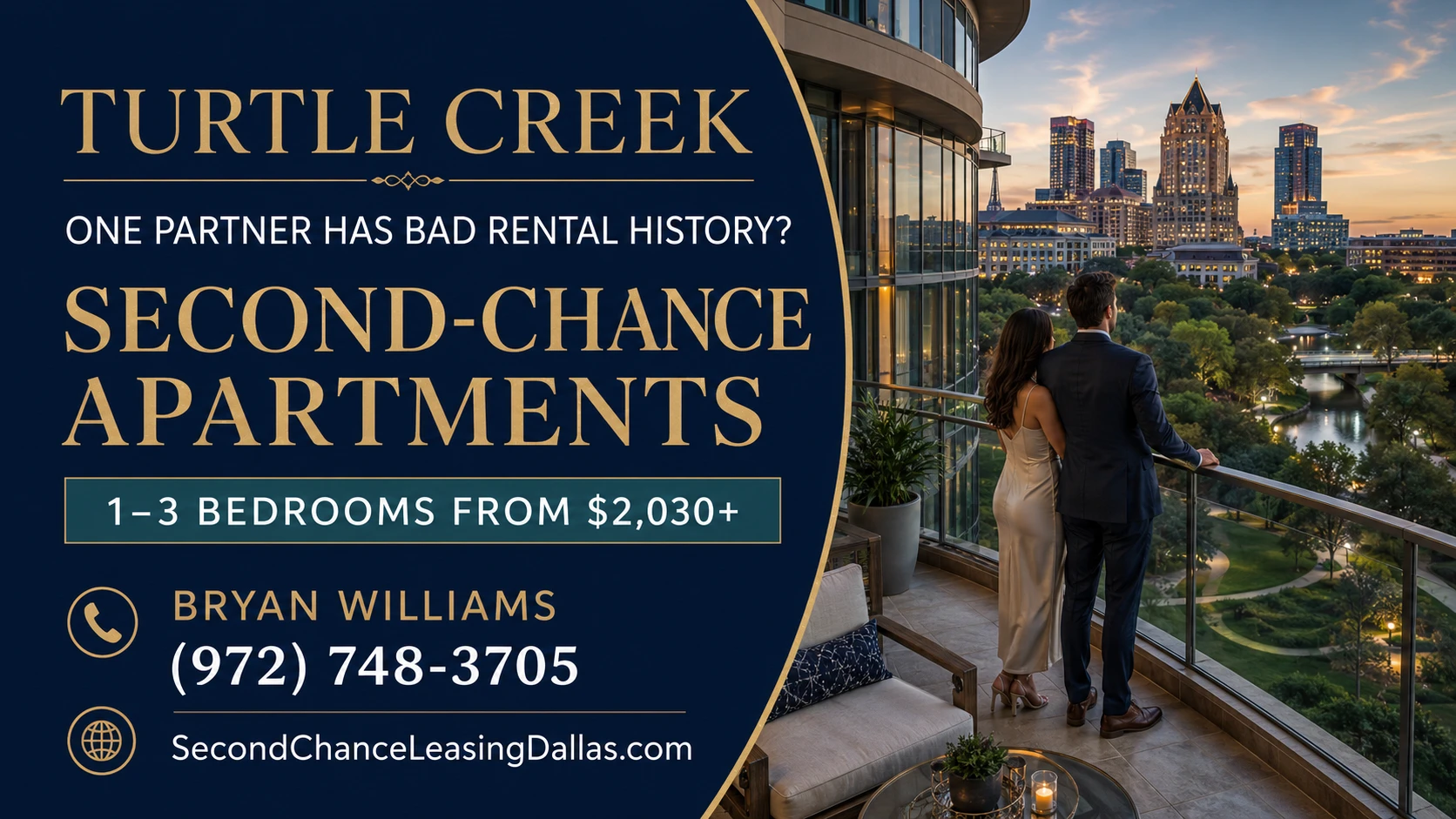 ONE PARTNER HAS GREAT CREDIT, BUT THE OTHER HAS AN EVICTION? SECOND-CHANCE LUXURY APARTMENTS IN TURTLE CREEK | 1–3 BEDROOM APARTMENTS FROM $2,030+ | SKYLINE VIEWS + CONCIERGE SERVICES