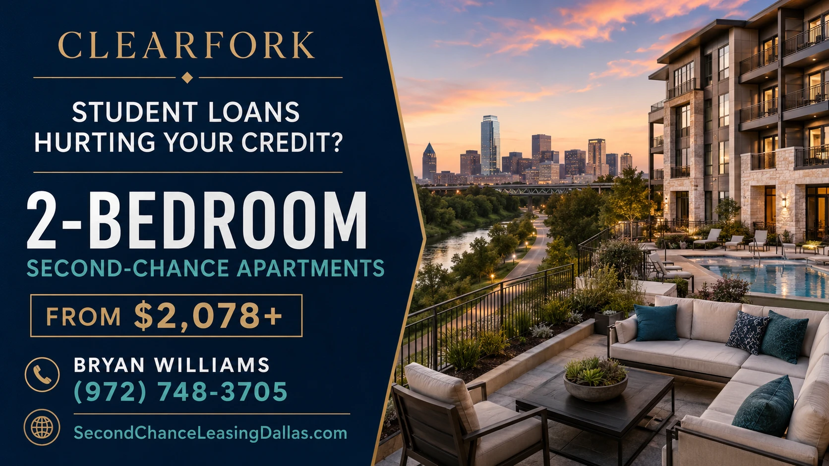 STUDENT LOANS HURTING YOUR CREDIT? 2-BEDROOM SECOND-CHANCE APARTMENTS IN CLEARFORK FORT WORTH | FROM $2,078+ | TRINITY TRAILS + LUXURY AMENITIES