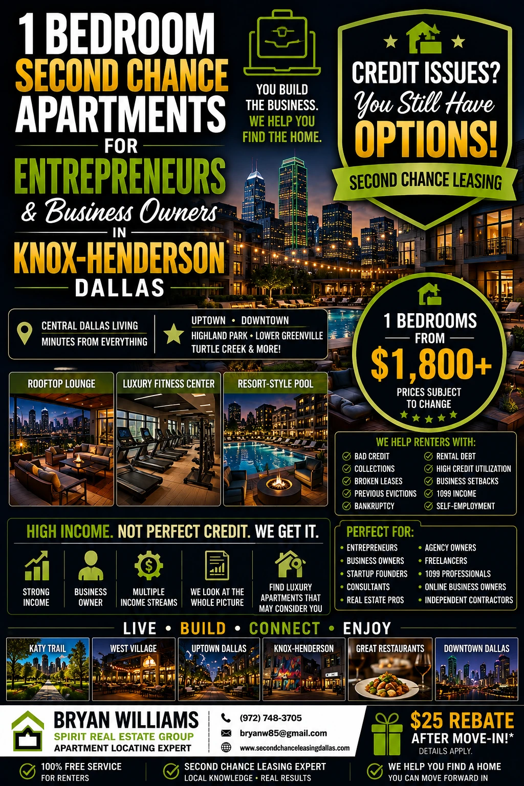 1 BEDROOM SECOND CHANCE APARTMENTS FOR ENTREPRENEURS & BUSINESS OWNERS IN KNOX-HENDERSON DALLAS | FROM $1,800+ | ROOFTOP LOUNGE + LUXURY FITNESS CENTER