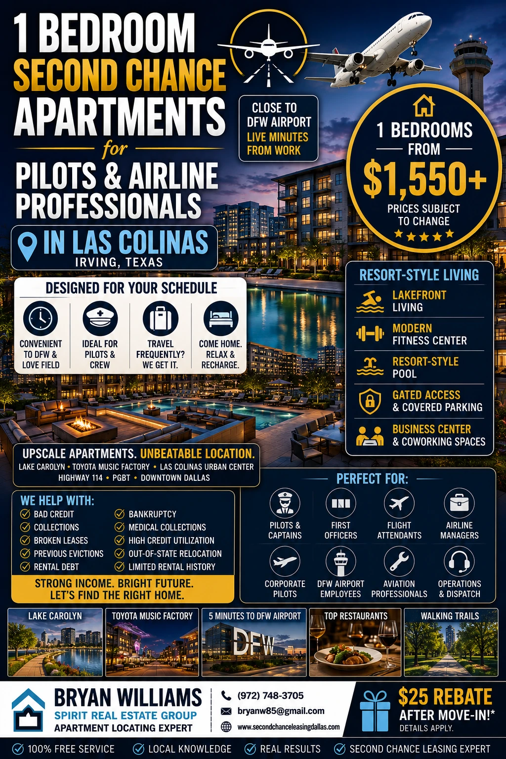 1 BEDROOM SECOND CHANCE APARTMENTS FOR PILOTS & AIRLINE PROFESSIONALS IN LAS COLINAS | FROM $1,550+ | LAKEFRONT LIVING + FITNESS CENTER