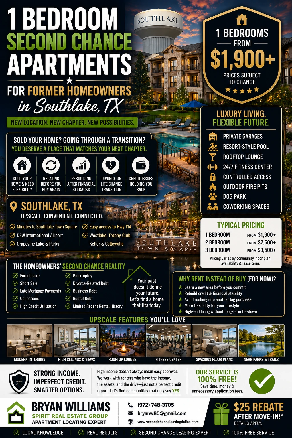 1 BEDROOM SECOND CHANCE APARTMENTS FOR FORMER HOMEOWNERS IN SOUTHLAKE, TX | FROM $1,900+ | PRIVATE GARAGES + RESORT-STYLE POOL