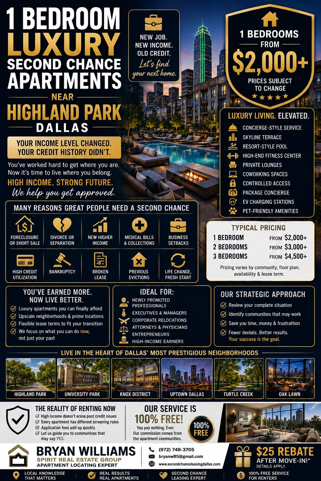 1 BEDROOM LUXURY SECOND CHANCE APARTMENTS NEAR HIGHLAND PARK DALLAS | NEW SIX-FIGURE JOB + OLD CREDIT PROBLEMS | FROM $2,000+ | CONCIERGE-STYLE SERVICE + SKYLINE TERRACE