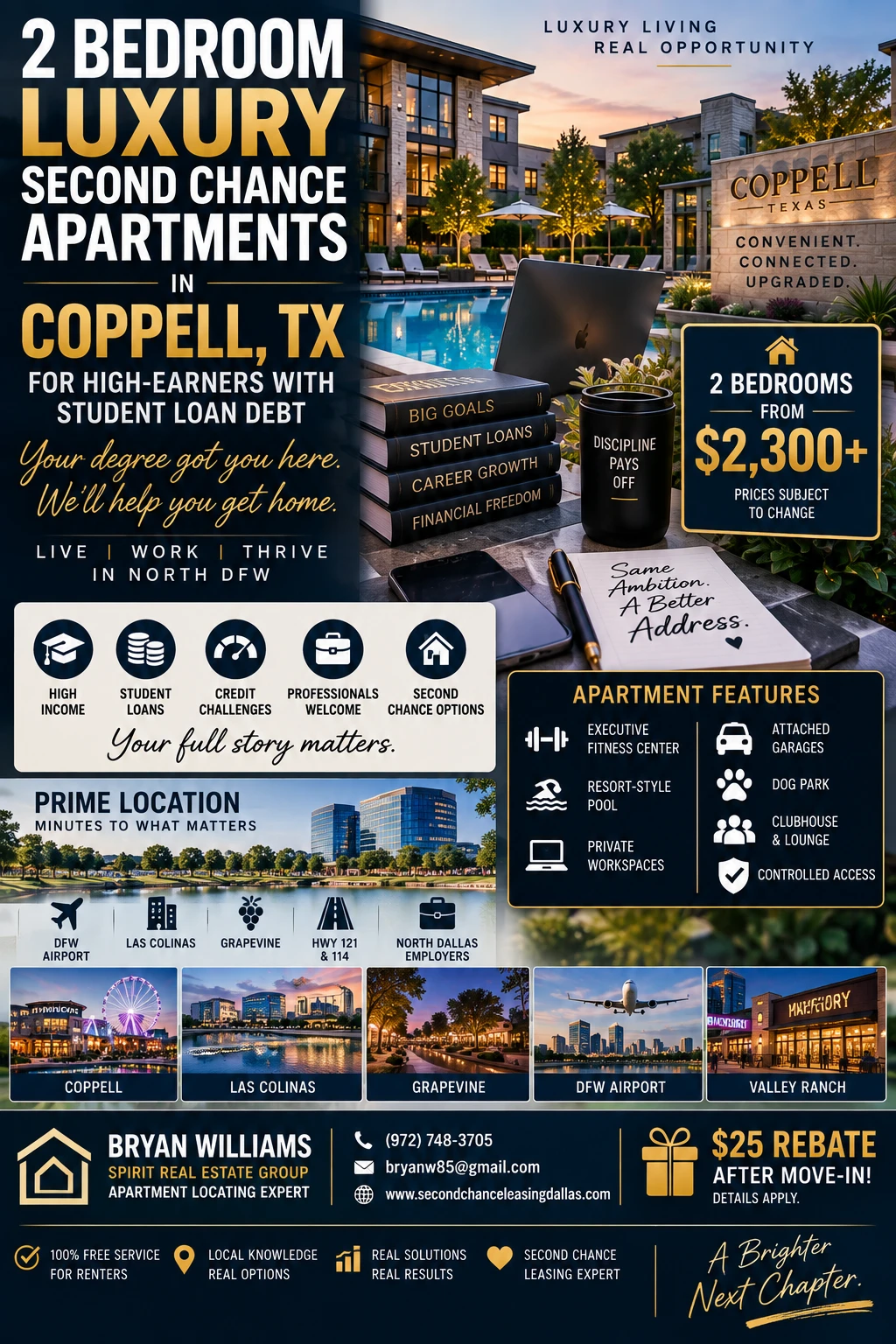 2 BEDROOM LUXURY SECOND CHANCE APARTMENTS FOR HIGH-EARNERS WITH STUDENT LOAN DEBT IN COPPELL, TX | FROM $2,300+ | ATTACHED GARAGES + EXECUTIVE FITNESS CENTER