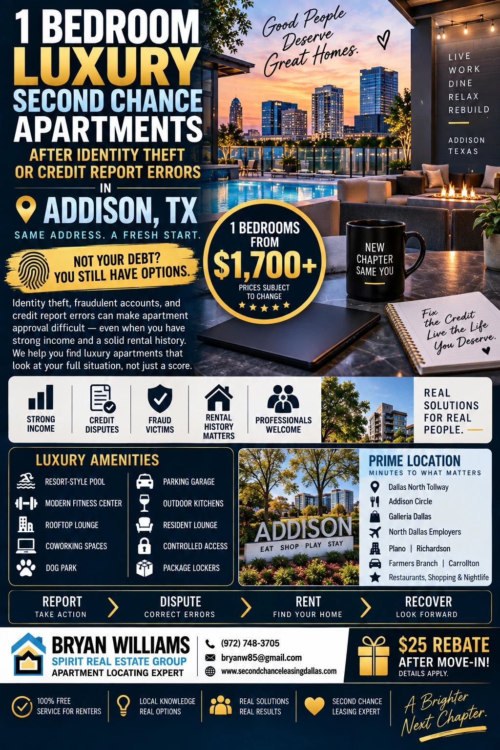 1 BEDROOM LUXURY SECOND CHANCE APARTMENTS AFTER IDENTITY THEFT OR CREDIT DAMAGE IN ADDISON, TX | FROM $1,700+ | ROOFTOP LOUNGE + RESORT-STYLE POOL