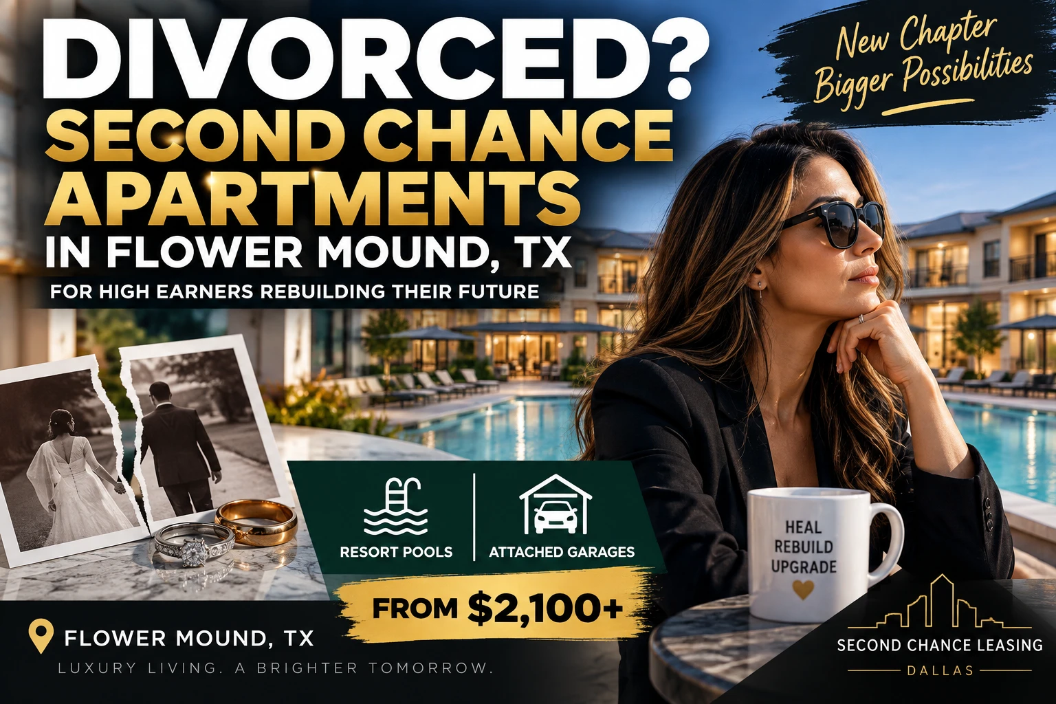 2 BEDROOM LUXURY SECOND CHANCE APARTMENTS FOR HIGH EARNERS REBUILDING AFTER DIVORCE IN FLOWER MOUND, TX | FROM $2,100+ | RESORT POOLS + ATTACHED GARAGES