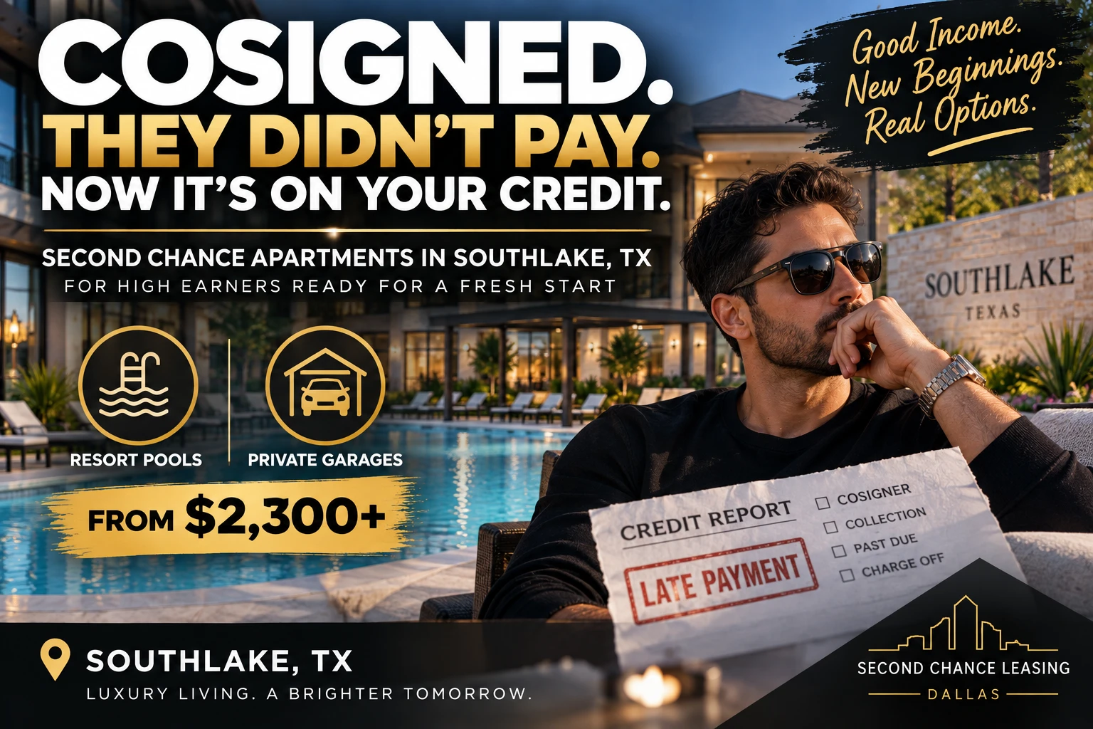 2 BEDROOM LUXURY SECOND CHANCE APARTMENTS FOR HIGH EARNERS WHO GOT BURNED COSIGNING IN SOUTHLAKE, TX | FROM $2,300+ | RESORT POOLS + PRIVATE GARAGES