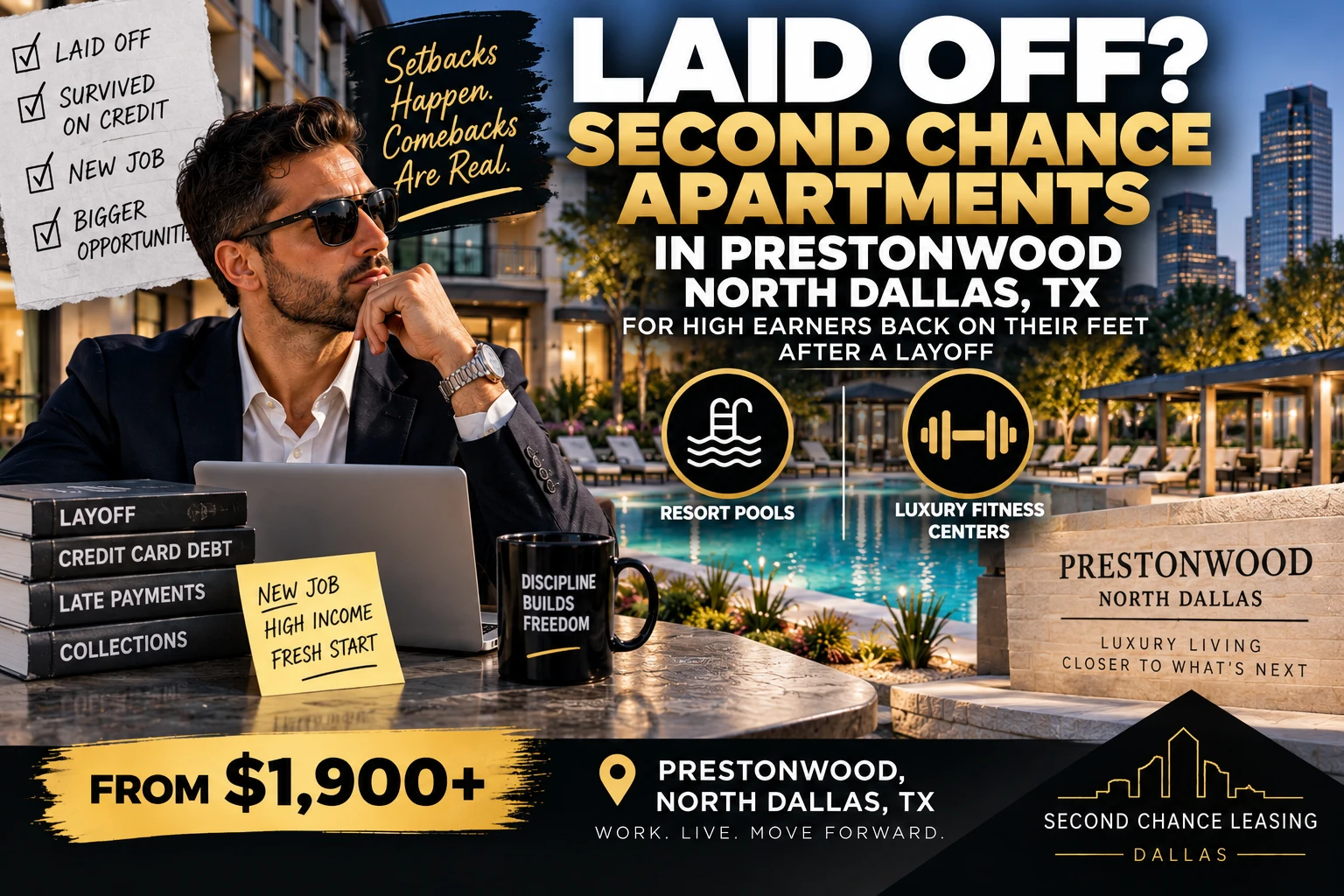 2 BEDROOM LUXURY SECOND CHANCE APARTMENTS FOR HIGH EARNERS BACK ON THEIR FEET AFTER A LAYOFF IN PRESTONWOOD NORTH DALLAS | FROM $1,900+ | RESORT POOLS + LUXURY FITNESS CENTERS