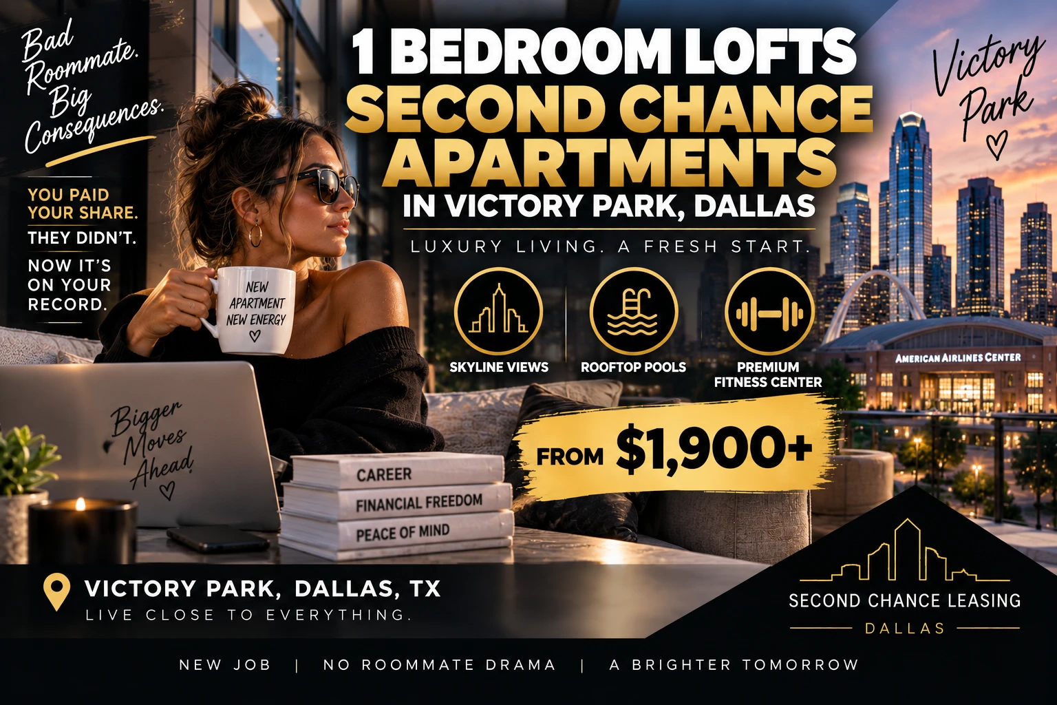 1 BEDROOM LUXURY SECOND CHANCE APARTMENTS FOR HIGH EARNERS LEFT WITH A ROOMMATE'S UNPAID RENT IN VICTORY PARK DALLAS | FROM $1,900+ | HIGH-RISE VIEWS + ROOFTOP POOLS