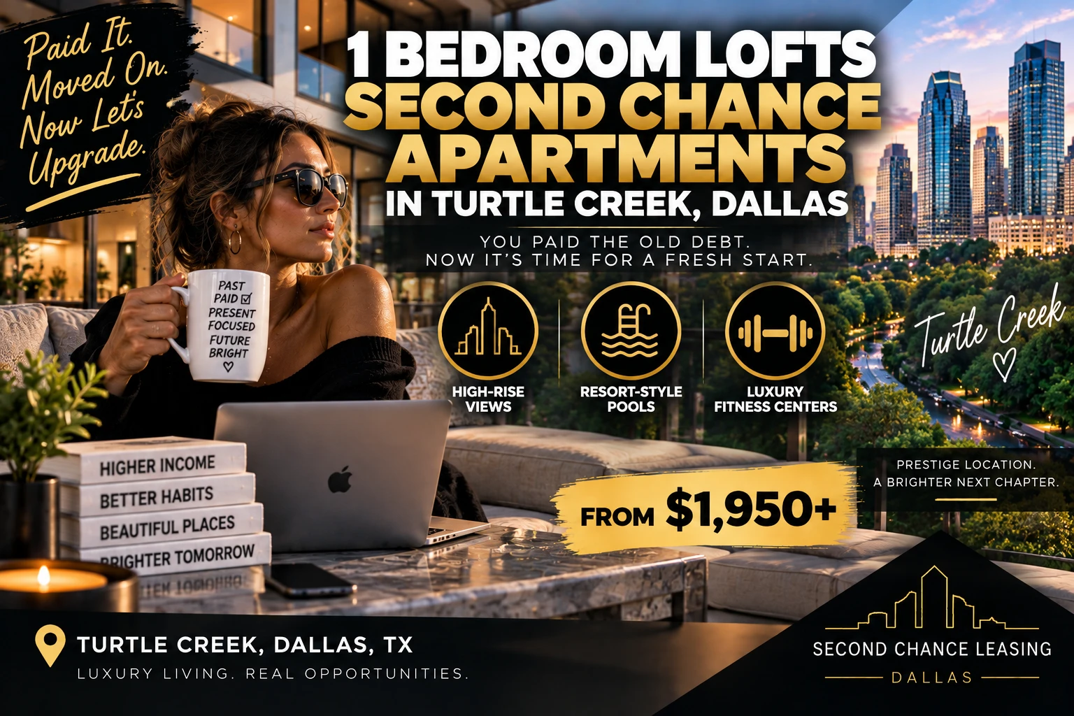 1 BEDROOM LUXURY SECOND CHANCE APARTMENTS FOR HIGH EARNERS WHO ALREADY PAID THEIR OLD RENTAL DEBT IN TURTLE CREEK DALLAS | FROM $1,950+ | HIGH-RISE VIEWS + RESORT POOLS