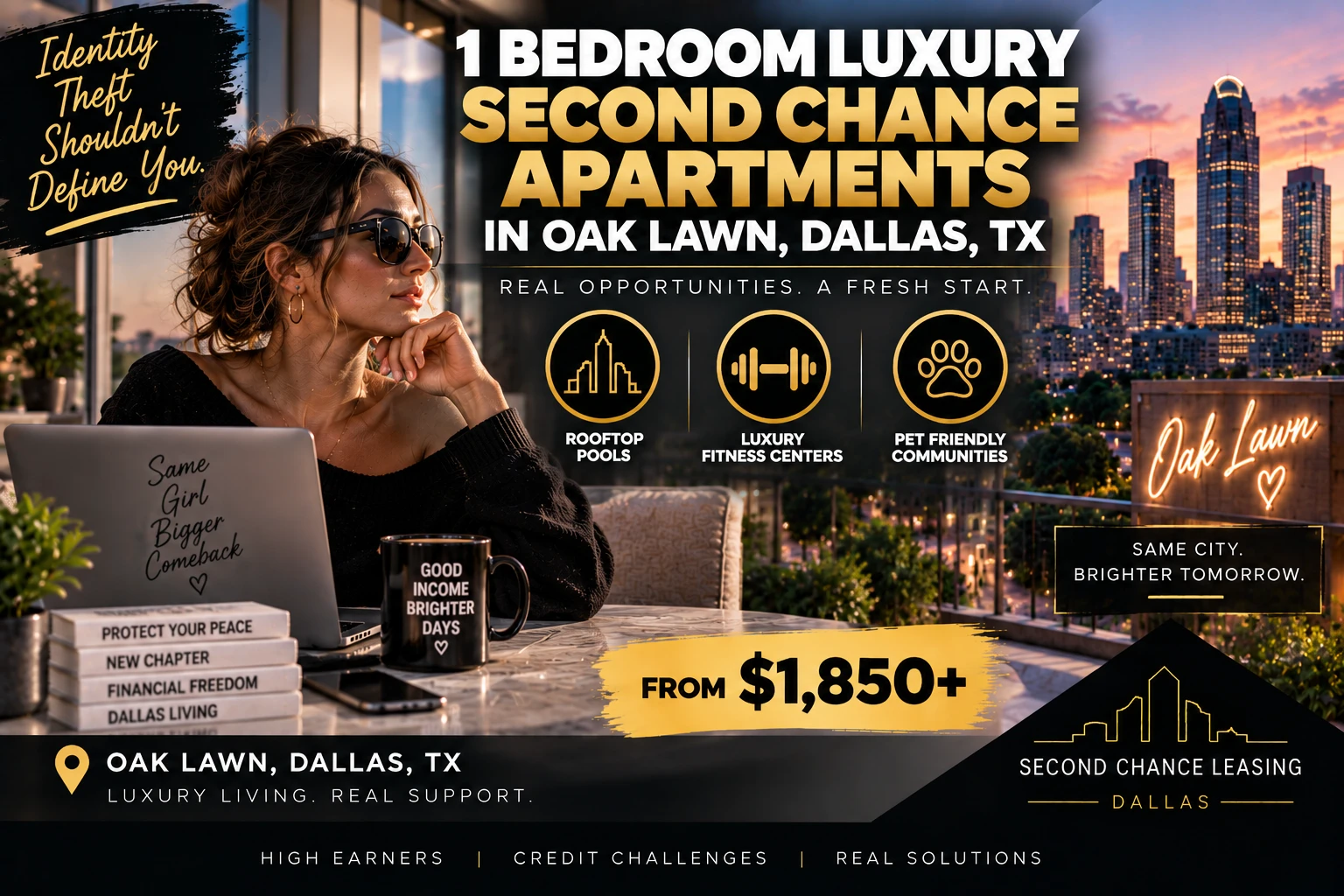 1 BEDROOM LUXURY SECOND CHANCE APARTMENTS FOR HIGH EARNERS REBUILDING AFTER IDENTITY THEFT IN OAK LAWN DALLAS | FROM $1,850+ | ROOFTOP POOLS + SKYLINE VIEWS