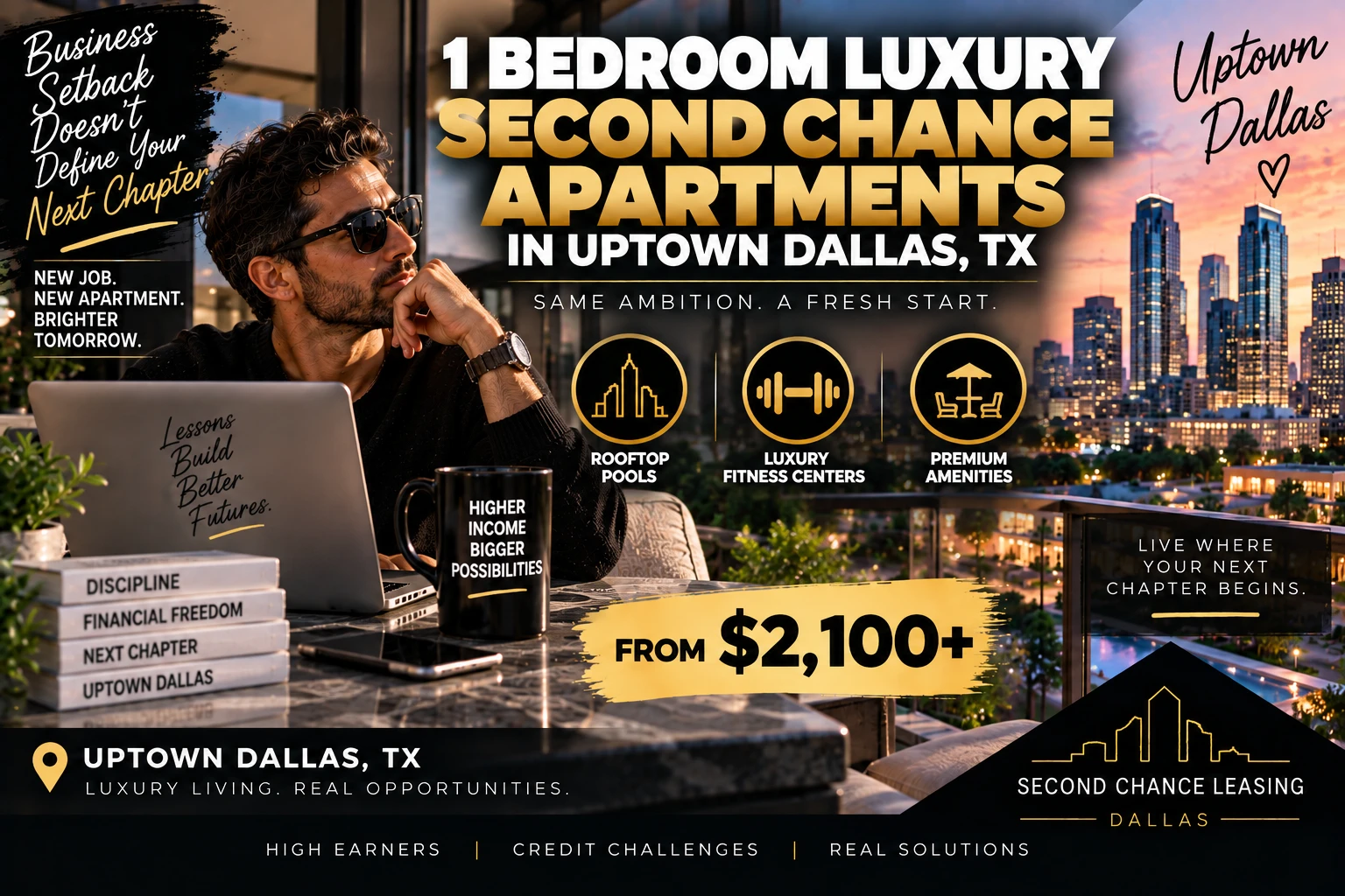 1 BEDROOM LUXURY SECOND CHANCE APARTMENTS FOR HIGH EARNERS RECOVERING FROM FAILED BUSINESS DEBT IN UPTOWN DALLAS | FROM $2,100+ | ROOFTOP POOLS + SKYLINE VIEWS