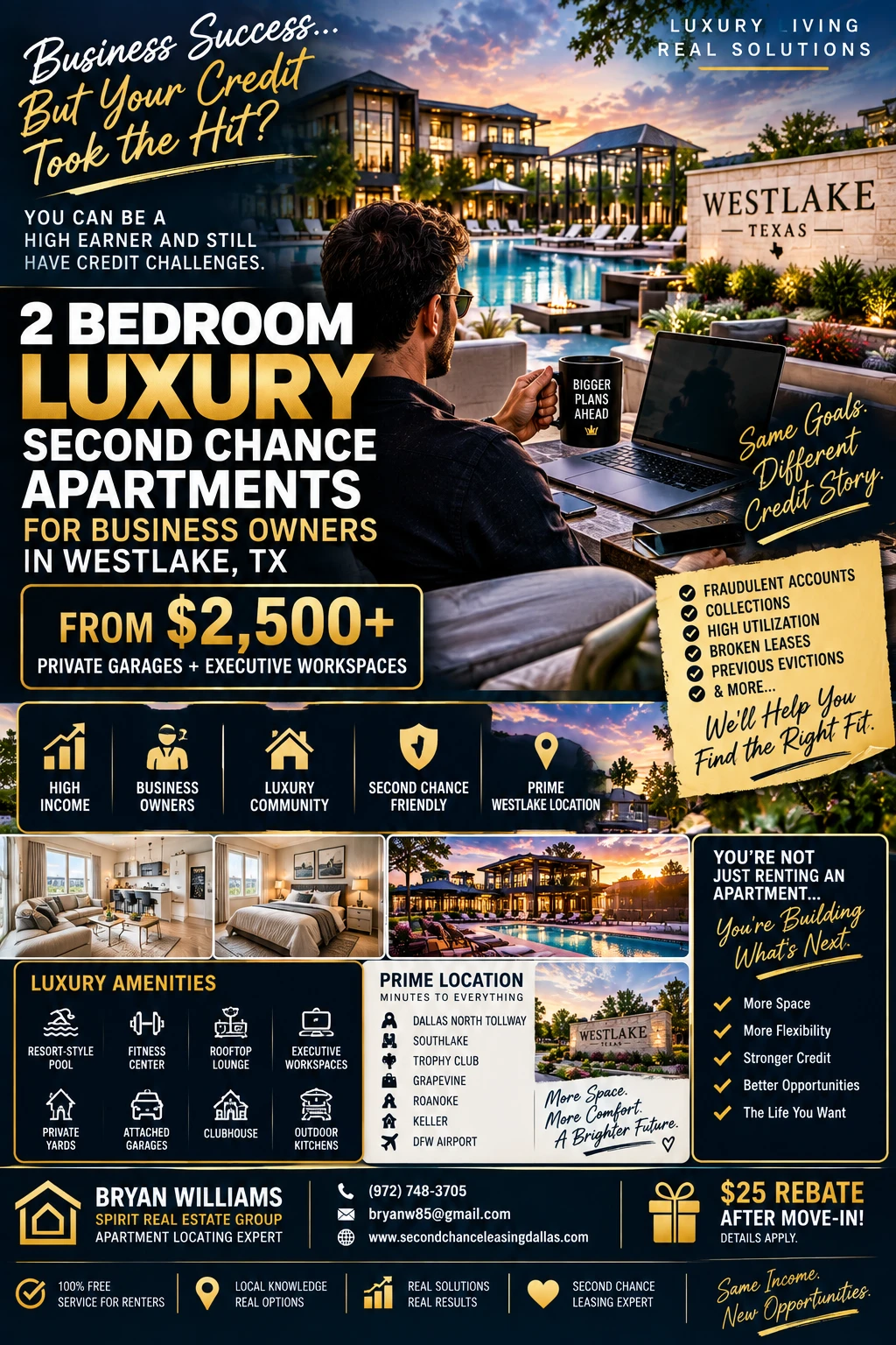 2 BEDROOM LUXURY SECOND CHANCE APARTMENTS FOR BUSINESS OWNERS IN WESTLAKE, TX | FROM $2,500+ | PRIVATE GARAGES + EXECUTIVE WORKSPACES