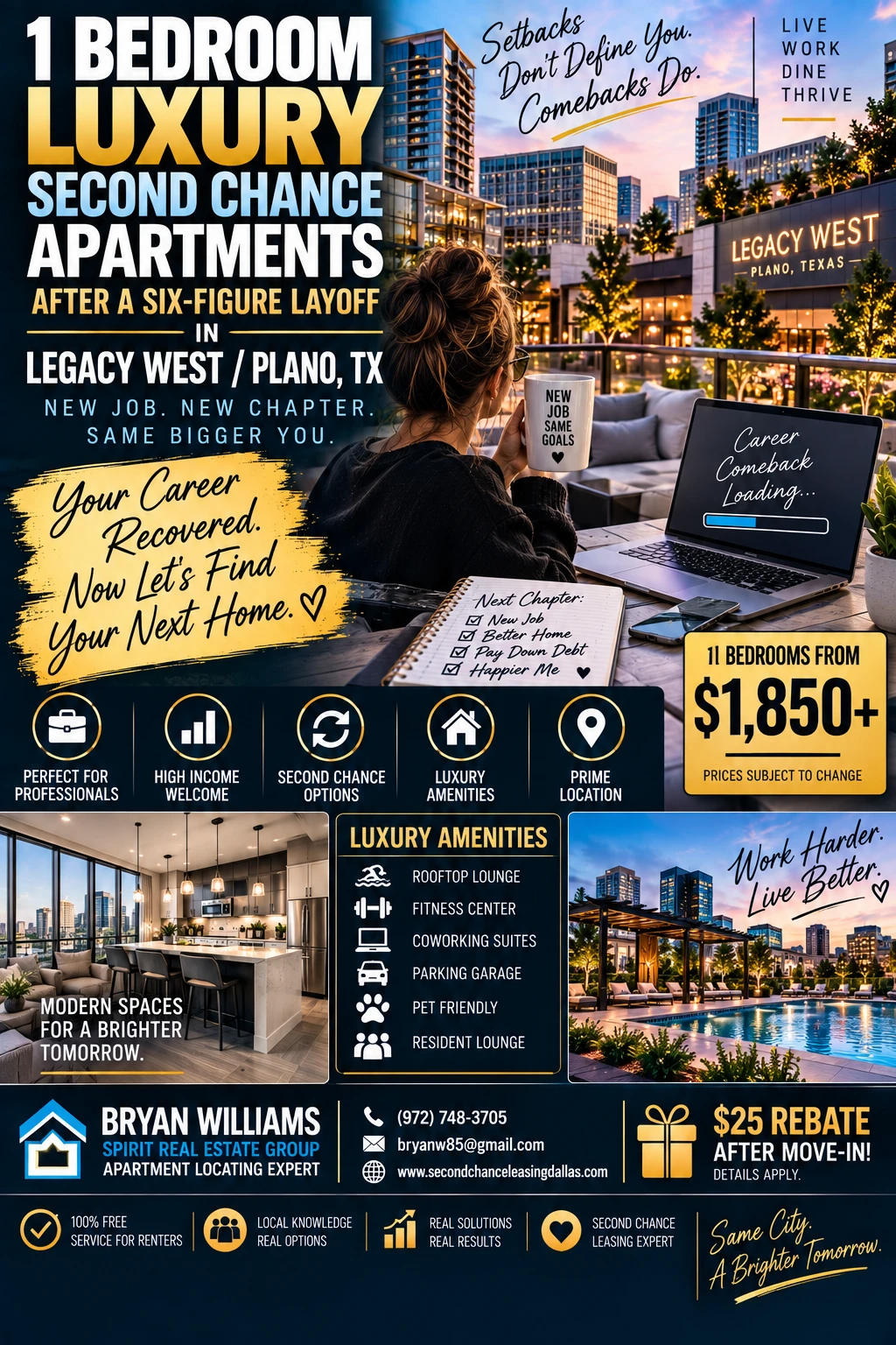 1 BEDROOM LUXURY SECOND CHANCE APARTMENTS AFTER A SIX-FIGURE LAYOFF IN LEGACY WEST / PLANO, TX | FROM $1,850+ | ROOFTOP LOUNGE + COWORKING SUITES