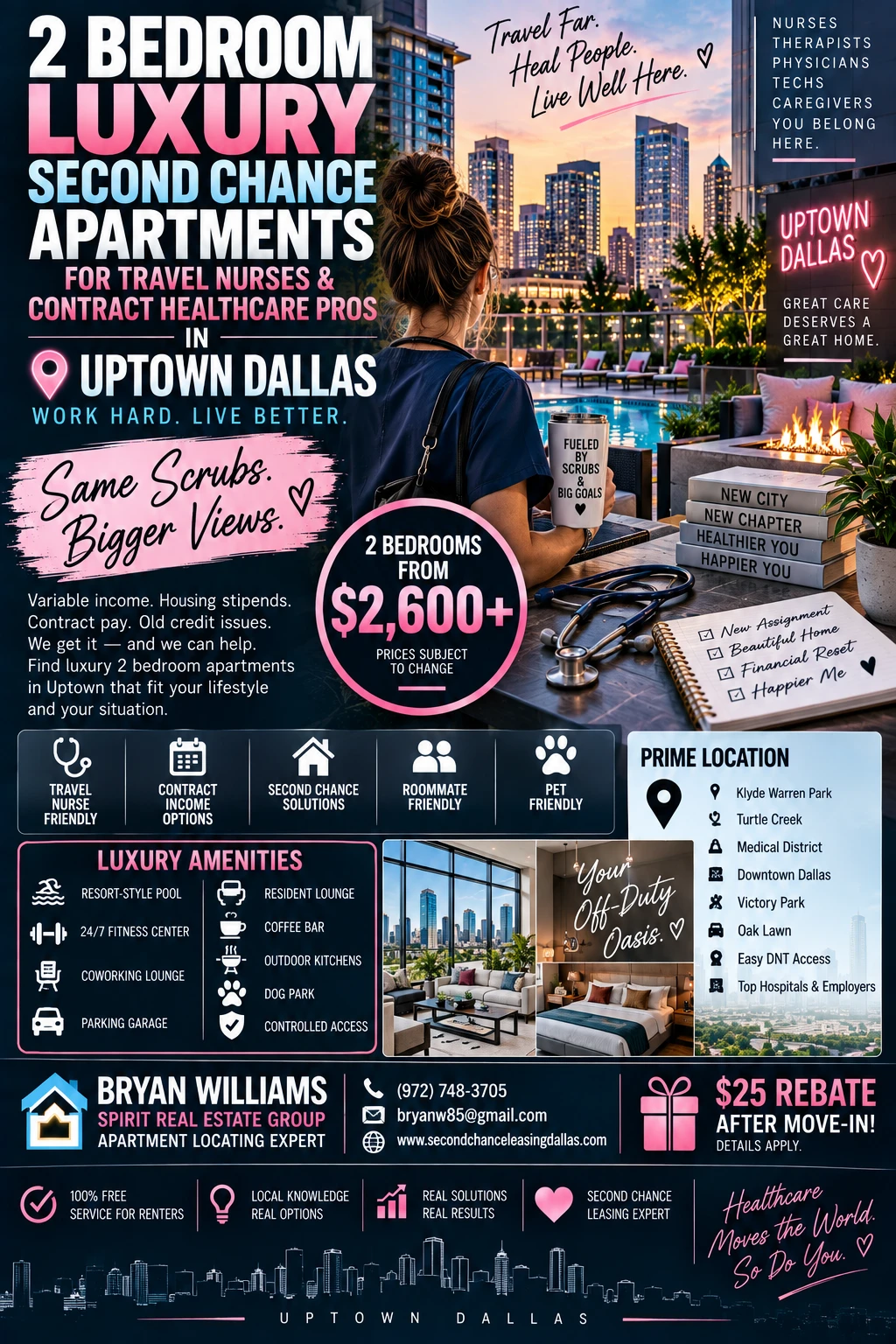 2 BEDROOM LUXURY SECOND CHANCE APARTMENTS FOR TRAVEL NURSES WITH VARIABLE INCOME IN UPTOWN DALLAS | FROM $2,600+ | COWORKING LOUNGE + RESORT-STYLE POOL