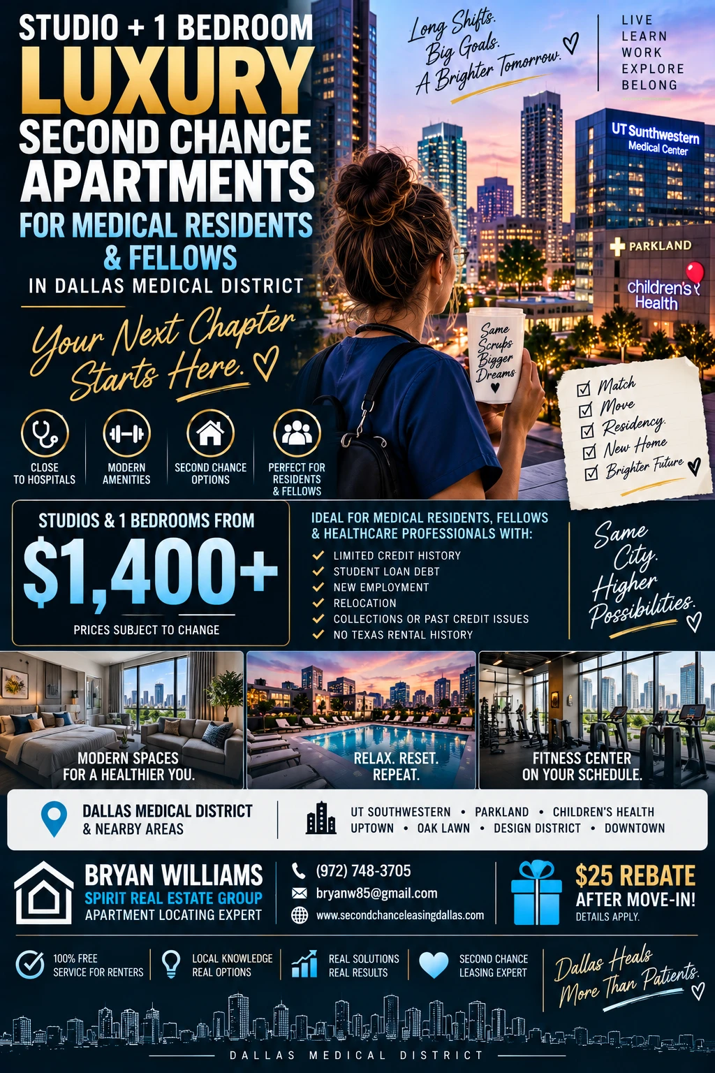 STUDIO + 1 BEDROOM SECOND CHANCE APARTMENTS FOR MEDICAL RESIDENTS & FELLOWS IN DALLAS MEDICAL DISTRICT | FROM $1,400+ | FITNESS CENTER + CONTROLLED ACCESS