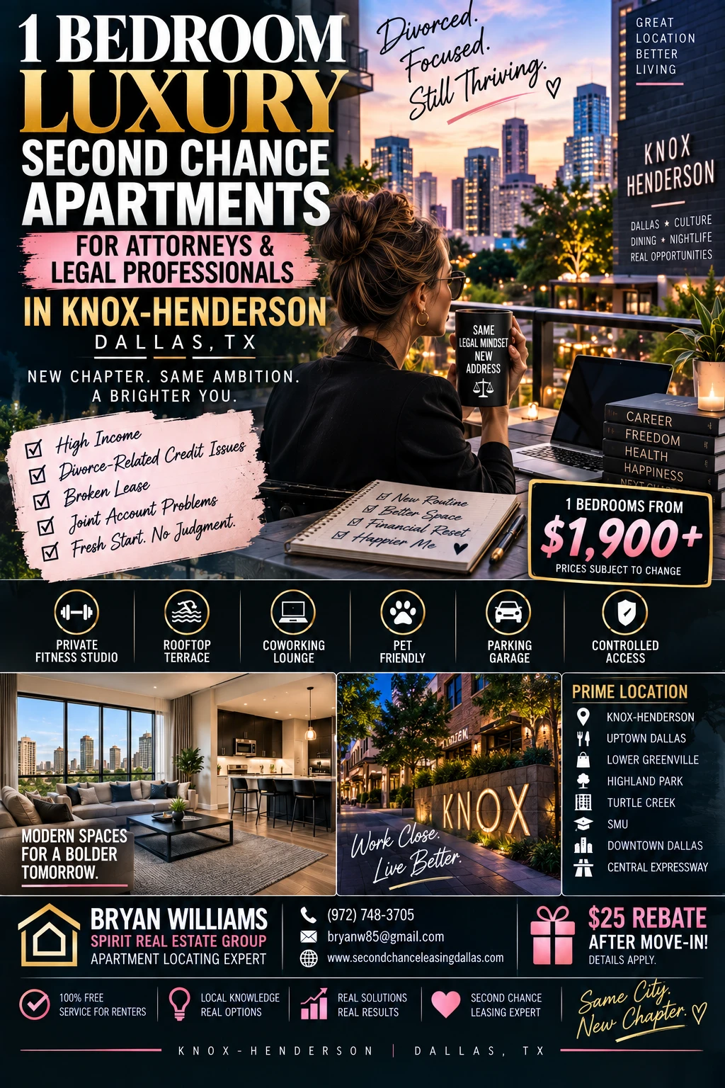 1 BEDROOM LUXURY SECOND CHANCE APARTMENTS FOR DIVORCED ATTORNEYS STARTING OVER IN KNOX-HENDERSON DALLAS | FROM $1,900+ | ROOFTOP TERRACE + PRIVATE FITNESS STUDIO