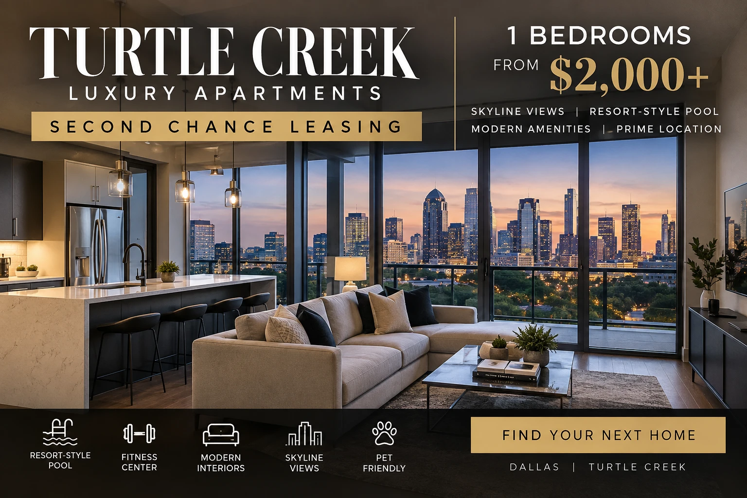 1 BEDROOM LUXURY SECOND CHANCE APARTMENTS IN TURTLE CREEK DALLAS FOR MEDICAL SALES PROFESSIONALS | FROM $2,000+ | SKYLINE VIEWS + RESORT-STYLE POOL