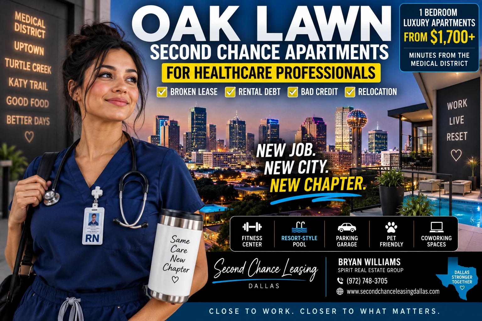 1 BEDROOM LUXURY SECOND CHANCE APARTMENTS FOR HEALTHCARE PROFESSIONALS WITH RENTAL DEBT IN OAK LAWN DALLAS | FROM $1,700+ | MINUTES FROM THE MEDICAL DISTRICT