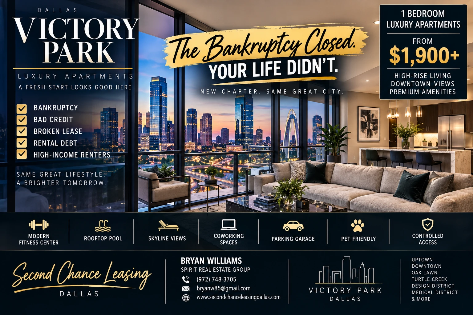 1 BEDROOM LUXURY SECOND CHANCE APARTMENTS AFTER BANKRUPTCY IN VICTORY PARK DALLAS | FROM $1,900+ | HIGH-RISE LIVING + DOWNTOWN VIEWS