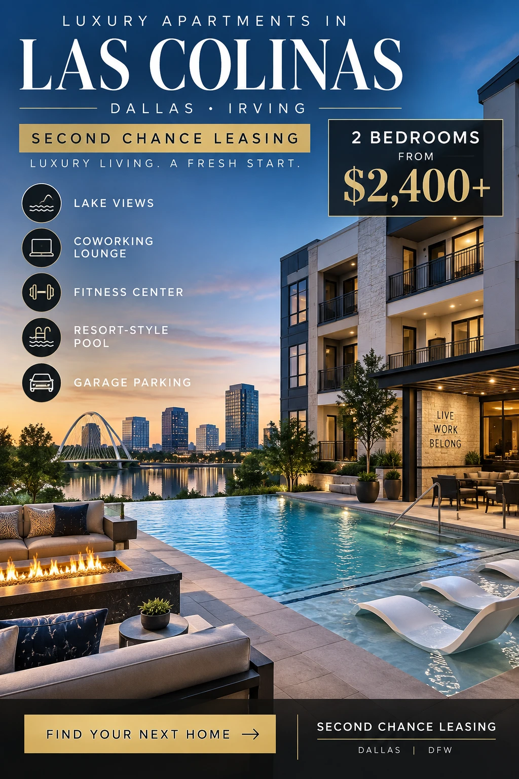 2 BEDROOM LUXURY SECOND CHANCE APARTMENTS IN LAS COLINAS FOR COMMERCIAL REAL ESTATE BROKERS | FROM $2,400+ | LAKE VIEWS + COWORKING LOUNGE