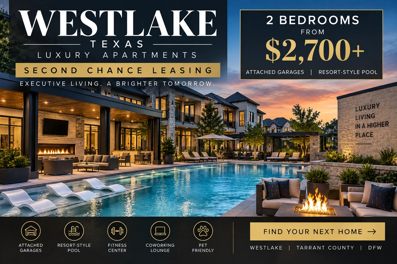 2 BEDROOM LUXURY SECOND CHANCE APARTMENTS NEAR WESTLAKE TX FOR FINANCE EXECUTIVES RELOCATING TO DFW | FROM $2,700+ | ATTACHED GARAGES + RESORT-STYLE POOL