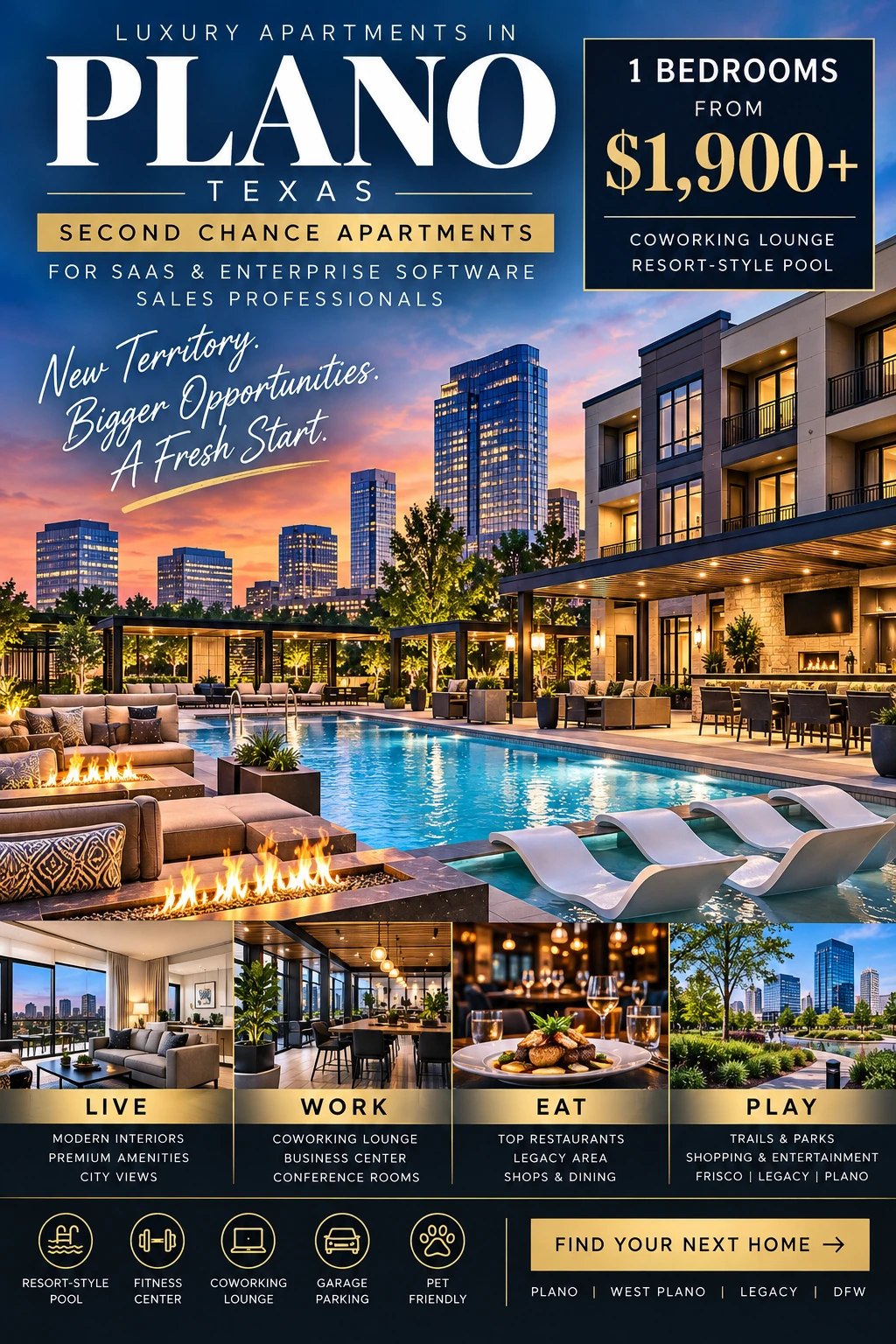 2 BEDROOM LUXURY SECOND CHANCE APARTMENTS IN PLANO TX FOR SAAS & ENTERPRISE SOFTWARE SALES PROFESSIONALS | FROM $2,300+ | COWORKING LOUNGE + RESORT-STYLE POOL
