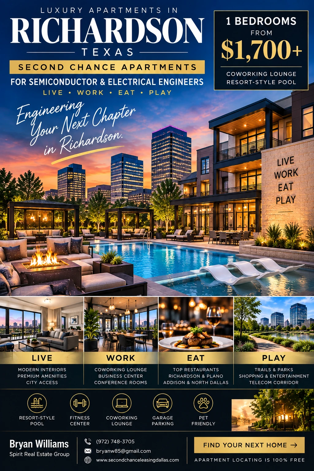 1 BEDROOM LUXURY SECOND CHANCE APARTMENTS IN RICHARDSON TX FOR SEMICONDUCTOR & ELECTRICAL ENGINEERS | FROM $1,700+ | COWORKING LOUNGE + RESORT-STYLE POOL