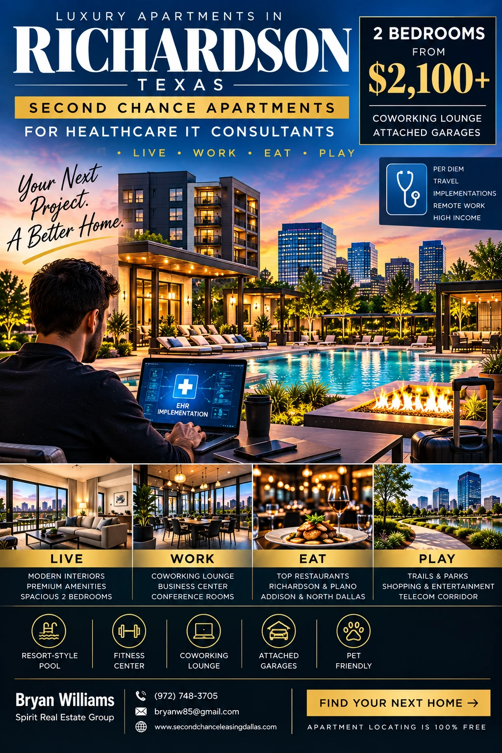 2 BEDROOM LUXURY SECOND CHANCE APARTMENTS IN RICHARDSON TX FOR HEALTHCARE IT CONSULTANTS | FROM $2,100+ | COWORKING LOUNGE + ATTACHED GARAGES