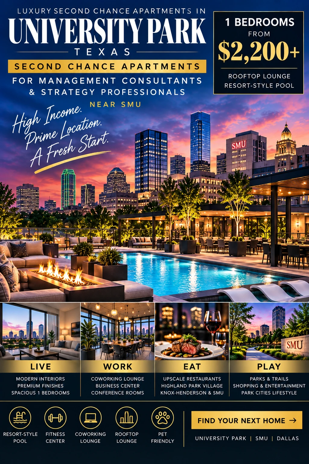 1 BEDROOM LUXURY SECOND CHANCE APARTMENTS IN UNIVERSITY PARK TX NEAR SMU FOR MANAGEMENT CONSULTANTS | FROM $2,200+ | ROOFTOP LOUNGE + RESORT-STYLE POOL