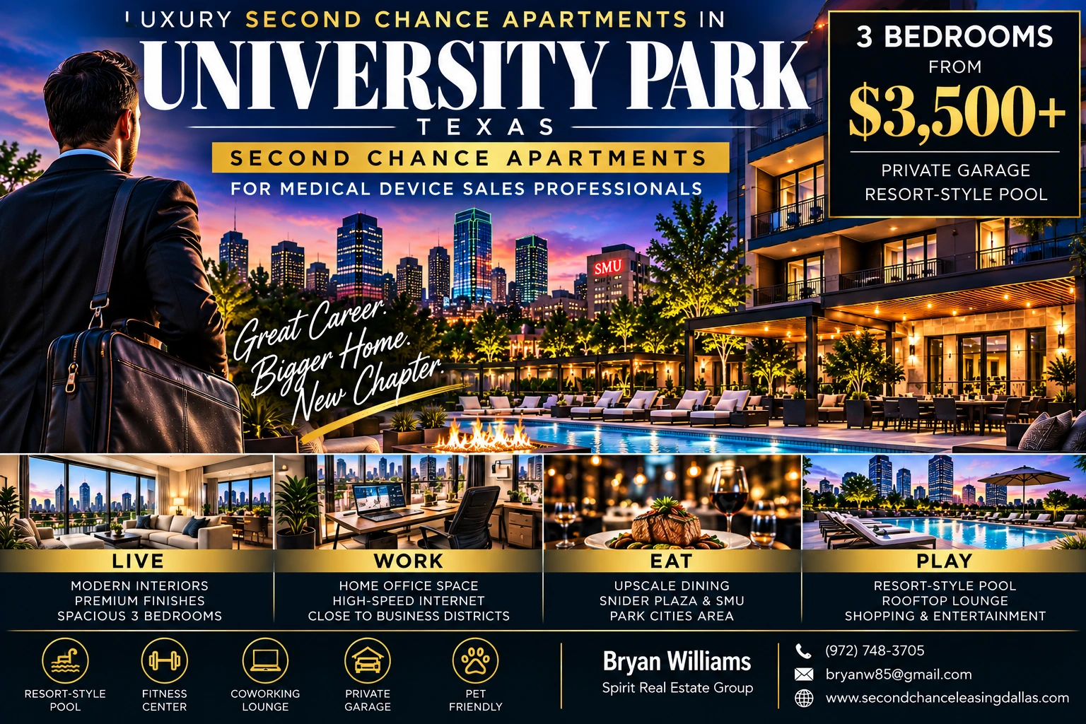 3 BEDROOM LUXURY SECOND CHANCE APARTMENTS IN UNIVERSITY PARK TX NEAR SMU FOR MEDICAL DEVICE SALES PROFESSIONALS | FROM $3,500+ | PRIVATE GARAGE + RESORT-STYLE POOL
