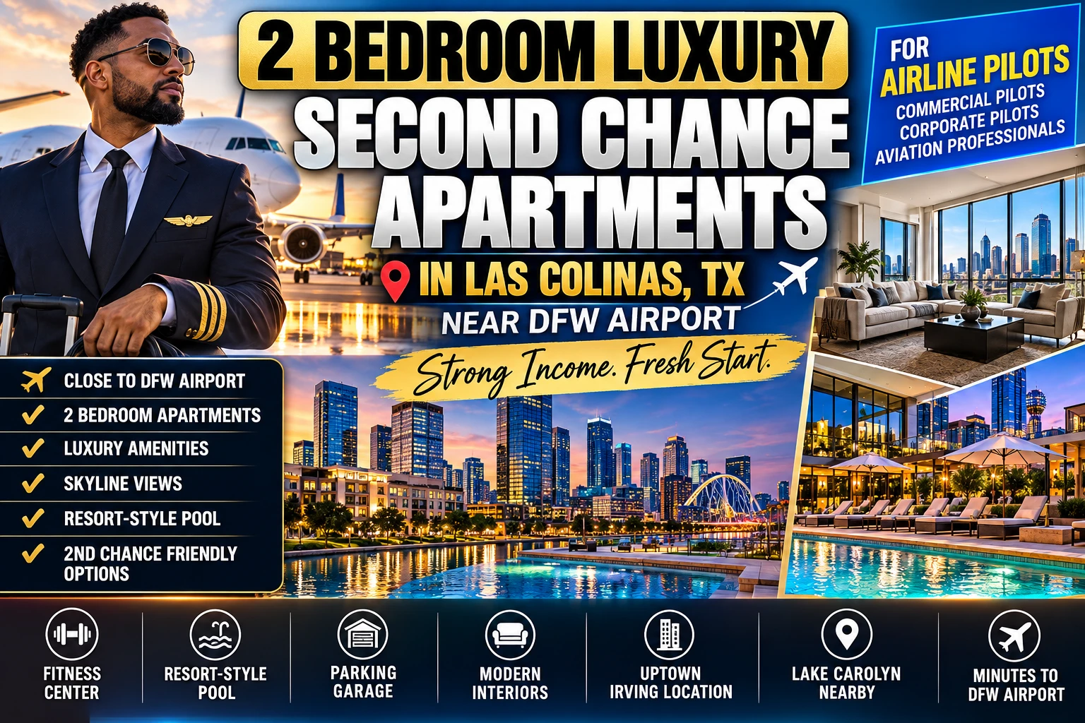2 BEDROOM LUXURY SECOND CHANCE APARTMENTS IN LAS COLINAS TX NEAR DFW AIRPORT FOR AIRLINE PILOTS | FROM $2,000+ | SKYLINE VIEWS + RESORT-STYLE POOL