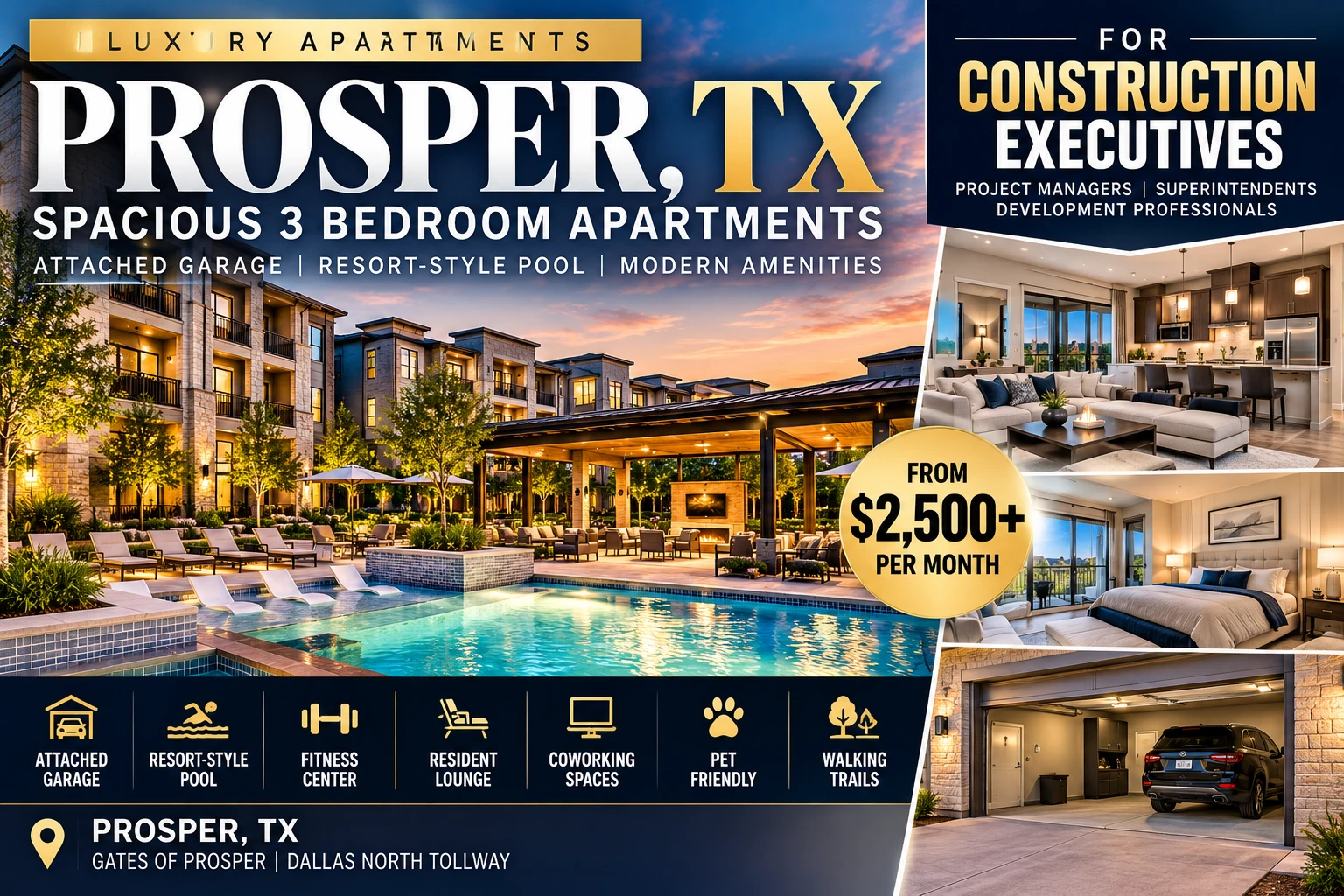 3 BEDROOM LUXURY SECOND CHANCE APARTMENTS IN PROSPER TX FOR COMMERCIAL CONSTRUCTION EXECUTIVES | FROM $2,500+ | ATTACHED GARAGE + RESORT-STYLE POOL