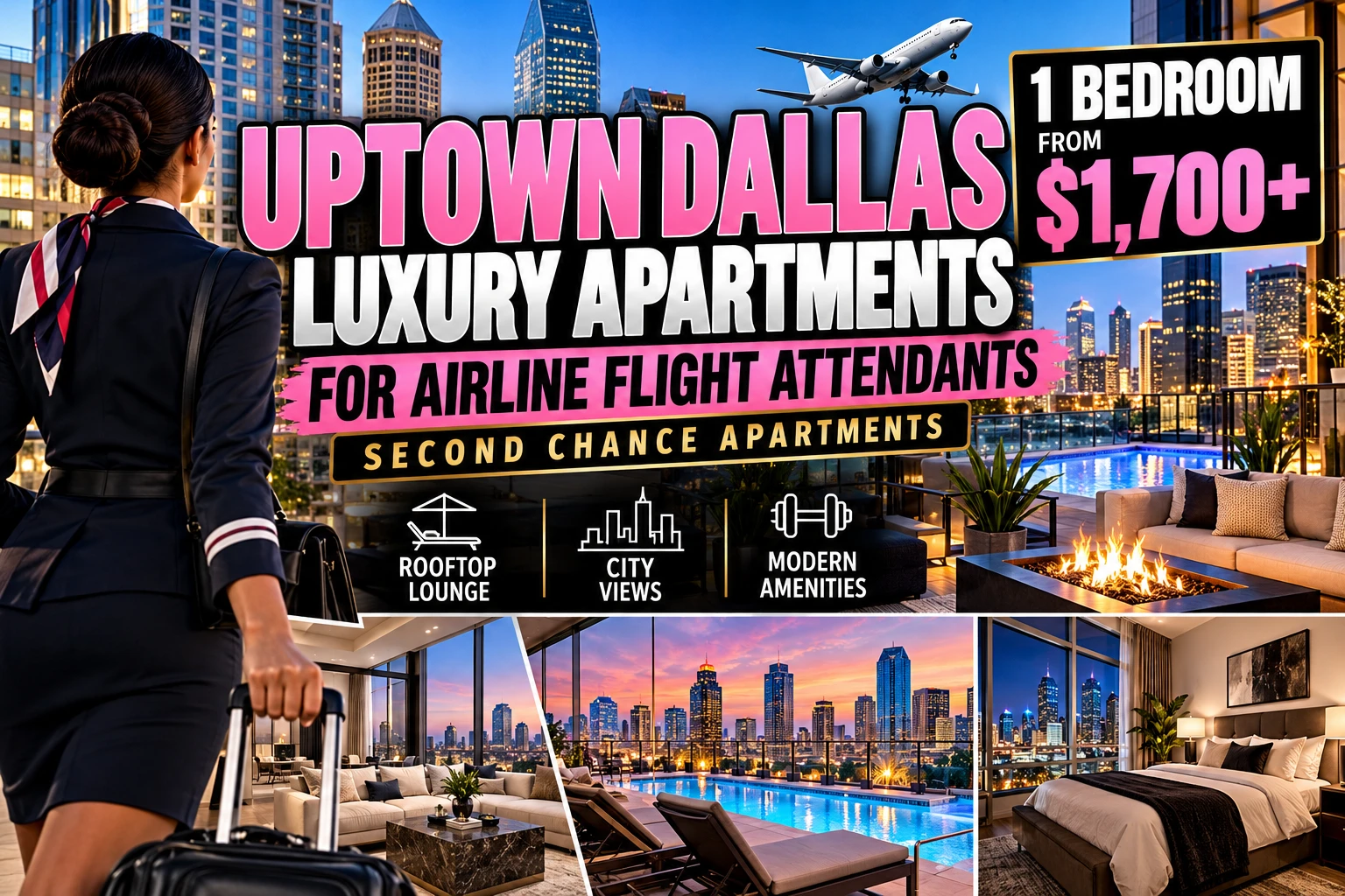 1 BEDROOM LUXURY SECOND CHANCE APARTMENTS IN UPTOWN DALLAS FOR AIRLINE FLIGHT ATTENDANTS | FROM $1,700+ | ROOFTOP LOUNGE + CITY VIEWS