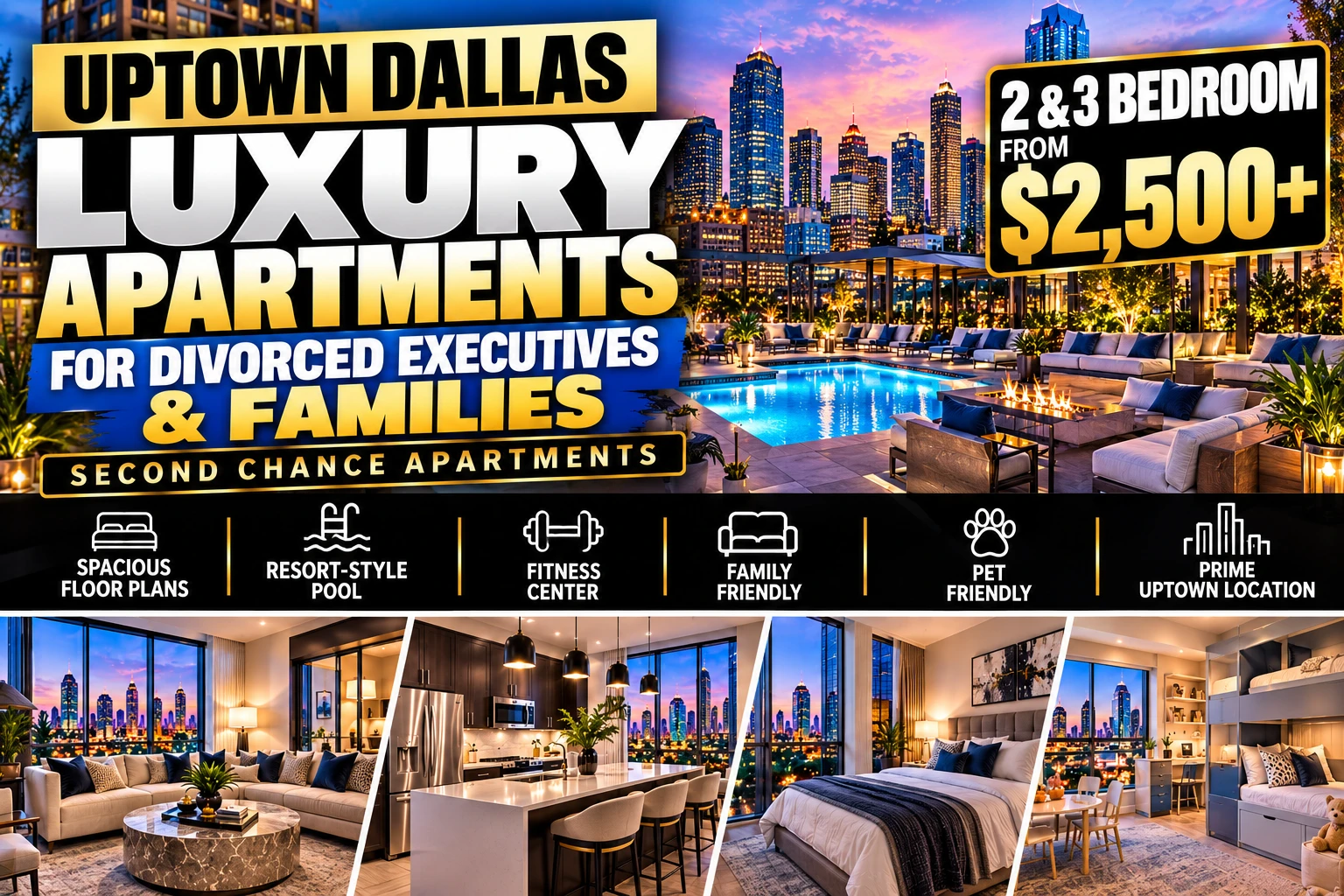 2 & 3 BEDROOM LUXURY SECOND CHANCE APARTMENTS IN UPTOWN DALLAS FOR DIVORCED EXECUTIVES & FAMILIES | FROM $2,500+ | FAMILY SPACE + RESORT-STYLE AMENITIES
