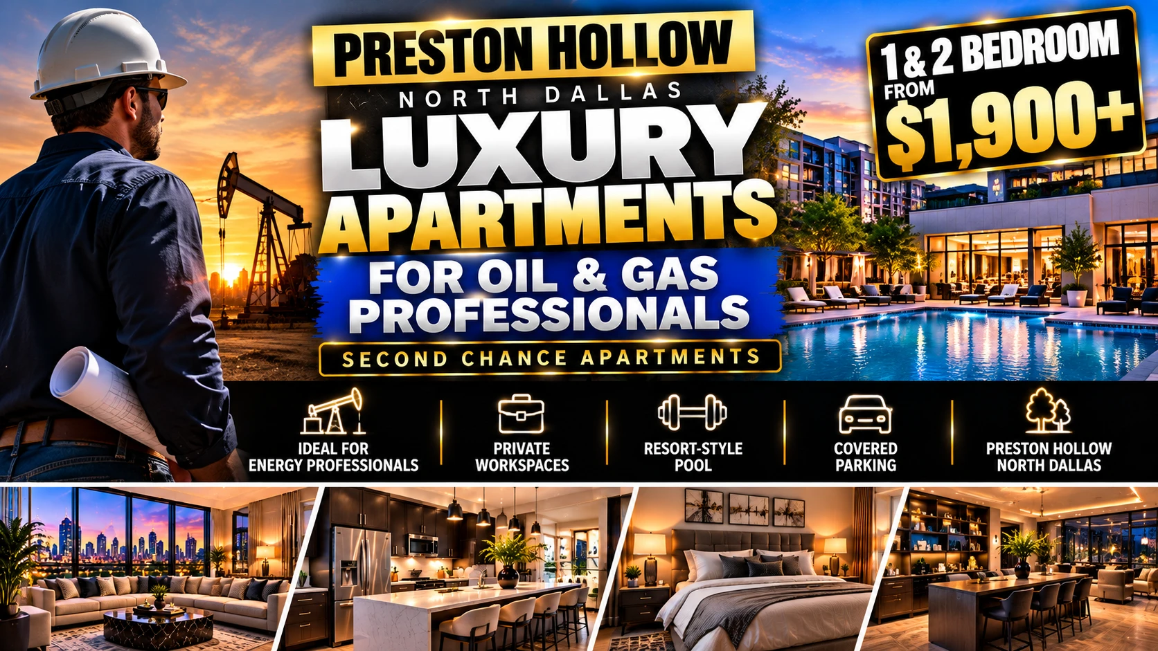 LUXURY SECOND CHANCE APARTMENTS IN PRESTON HOLLOW NORTH DALLAS FOR OIL & GAS PROFESSIONALS | 1 & 2 BEDROOMS FROM $1,900+ | RESORT POOL + PRIVATE WORKSPACES