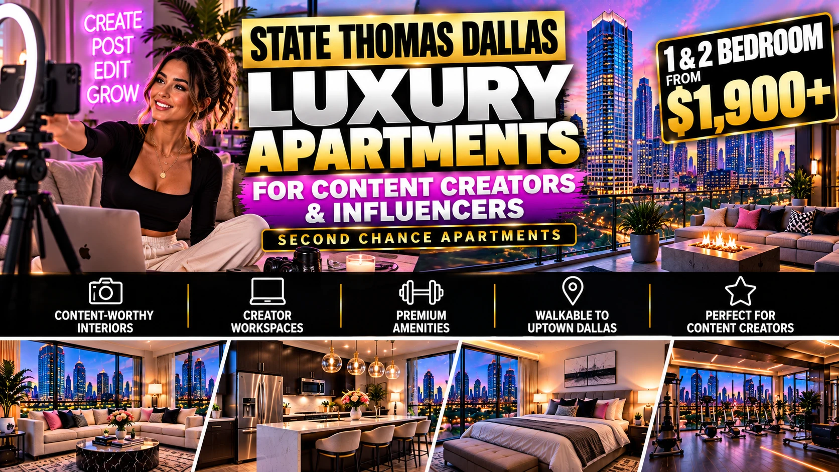 LUXURY SECOND CHANCE APARTMENTS IN STATE THOMAS DALLAS FOR CONTENT CREATORS & INFLUENCERS | 1 & 2 BEDROOMS FROM $1,900+ | CONTENT-WORTHY INTERIORS + CREATOR WORKSPACES
