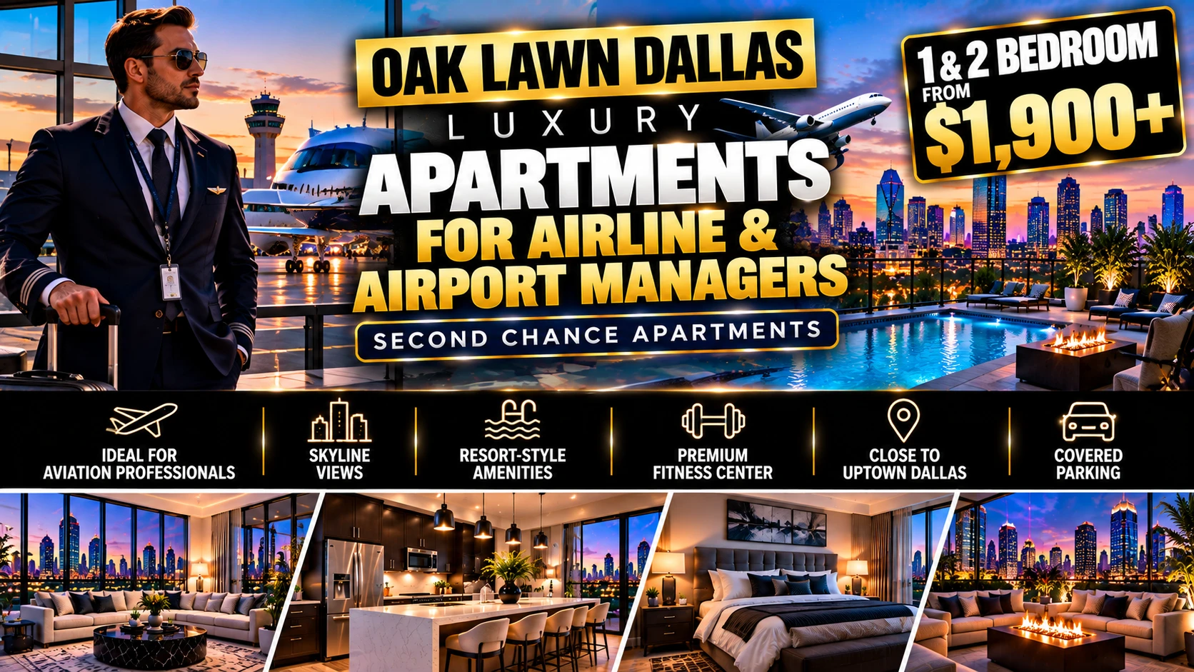 LUXURY SECOND CHANCE APARTMENTS IN OAK LAWN DALLAS FOR AIRLINE & AIRPORT MANAGERS | 1 & 2 BEDROOMS FROM $1,900+ | SKYLINE VIEWS + RESORT-STYLE AMENITIES