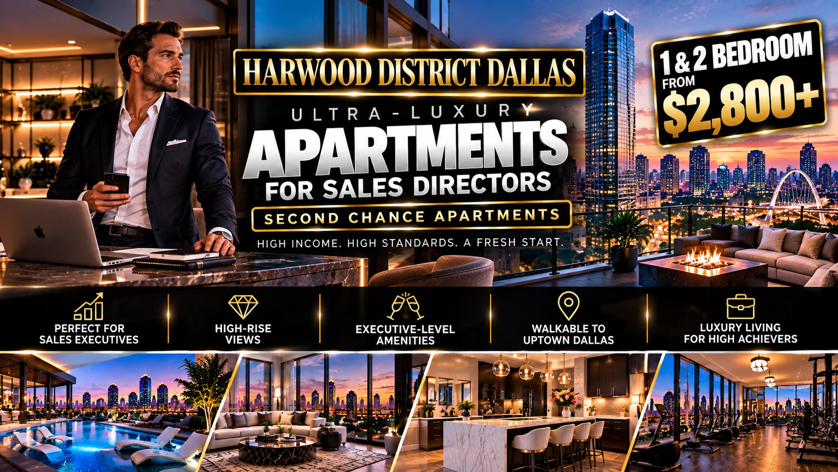 ULTRA-LUXURY SECOND CHANCE APARTMENTS IN HARWOOD DISTRICT DALLAS FOR SALES DIRECTORS | 1 & 2 BEDROOMS FROM $2,800+ | HIGH-RISE VIEWS + EXECUTIVE AMENITIES