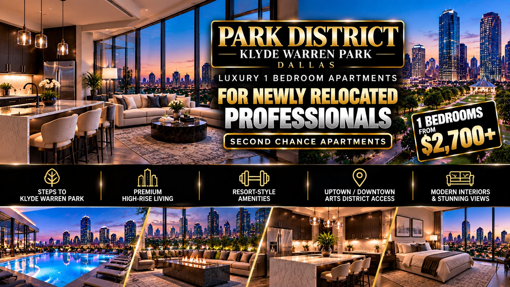LUXURY SECOND CHANCE APARTMENTS NEAR KLYDE WARREN PARK DALLAS FOR NEWLY RELOCATED PROFESSIONALS | NEW JOB + BAD CREDIT | 1 BEDROOMS FROM $2,700+