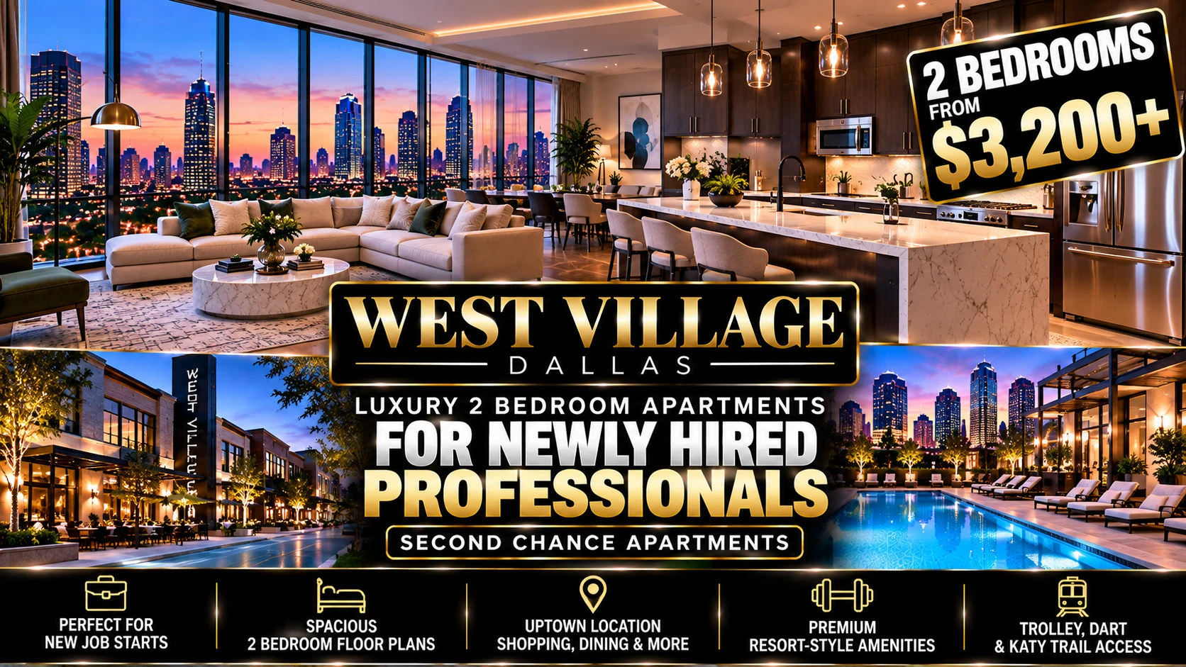 2 BEDROOM SECOND CHANCE APARTMENTS IN WEST VILLAGE DALLAS FOR NEWLY HIRED PROFESSIONALS | NEW JOB + BAD CREDIT + FRESH START