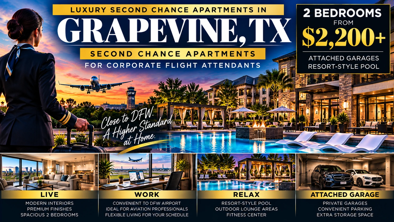 2 BEDROOM LUXURY SECOND CHANCE APARTMENTS IN GRAPEVINE TX FOR CORPORATE FLIGHT ATTENDANTS | FROM $2,200+ | ATTACHED GARAGES + RESORT-STYLE POOL