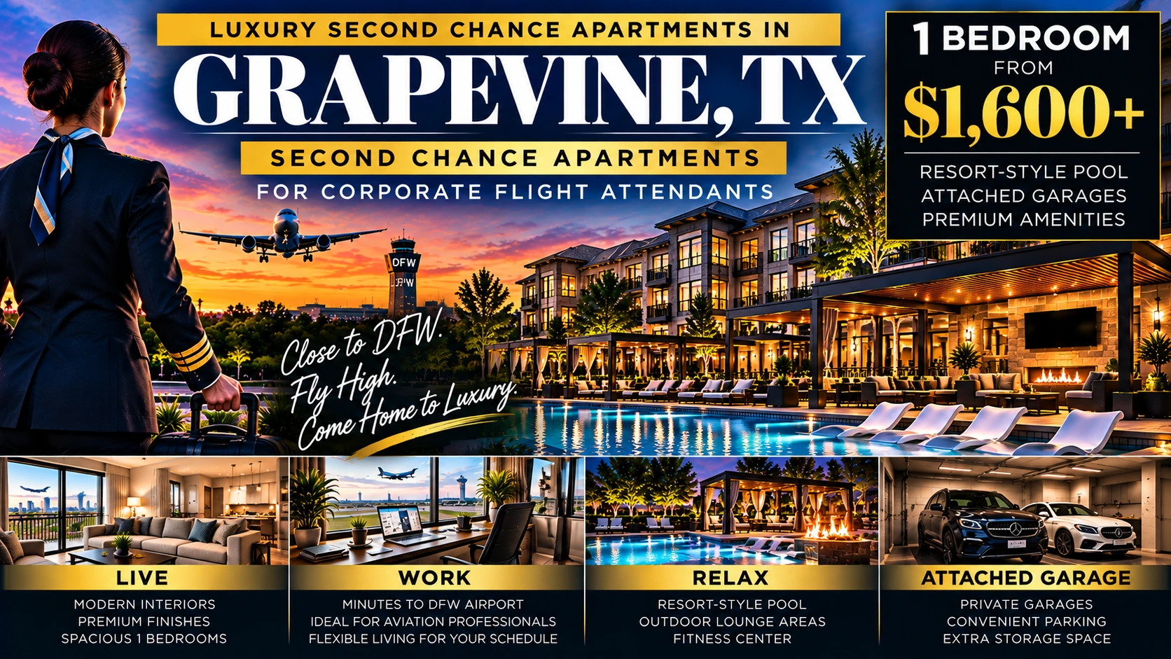 1 BEDROOM LUXURY SECOND CHANCE APARTMENTS IN GRAPEVINE TX NEAR DFW AIRPORT FOR AIRCRAFT MAINTENANCE TECHNICIANS | FROM $1,500+ | RESORT-STYLE POOL + FITNESS CENTER