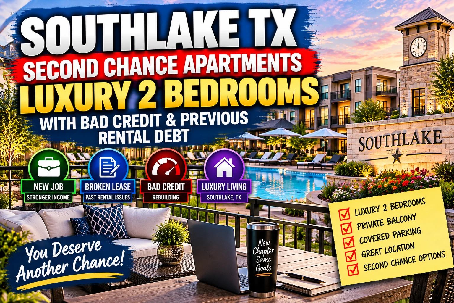 SOUTHLAKE TX SECOND CHANCE APARTMENTS | LUXURY 2 BEDROOMS WITH BAD CREDIT & PREVIOUS RENTAL DEBT