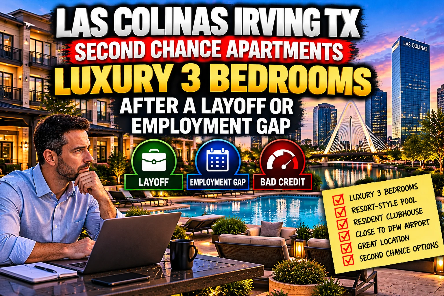 LAS COLINAS IRVING TX SECOND CHANCE APARTMENTS | LUXURY 3 BEDROOMS AFTER A LAYOFF OR EMPLOYMENT GAP