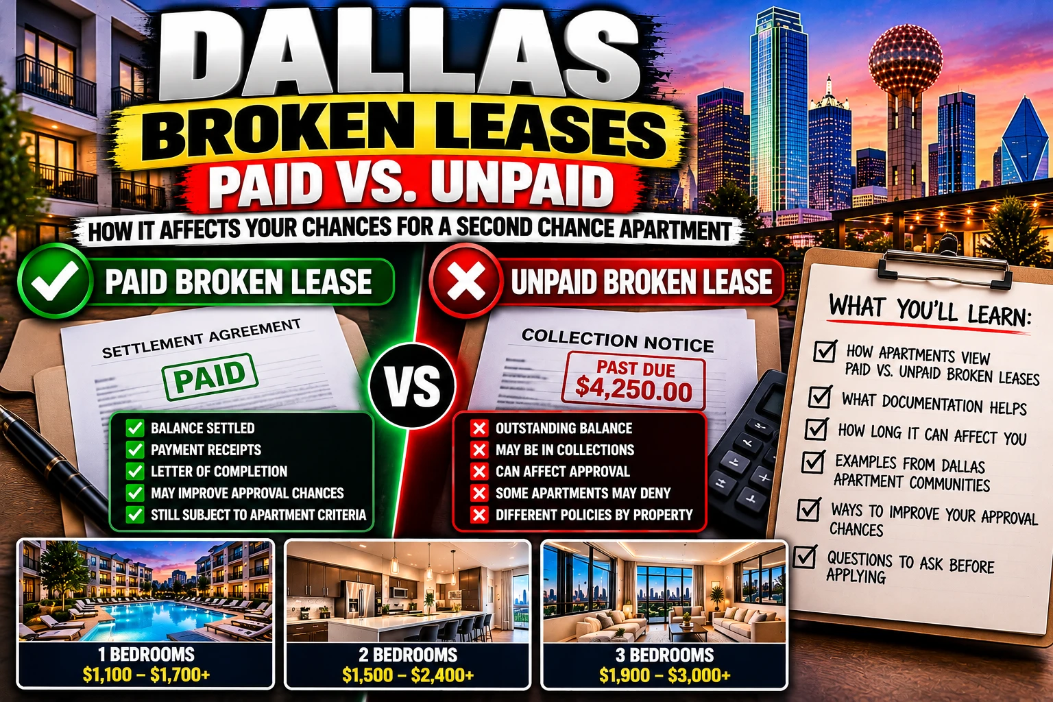 DALLAS SECOND CHANCE APARTMENTS 2026 | PAID VS. UNPAID BROKEN LEASES — HOW RENTAL DEBT, COLLECTIONS & SETTLEMENTS AFFECT YOUR APARTMENT SEARCH