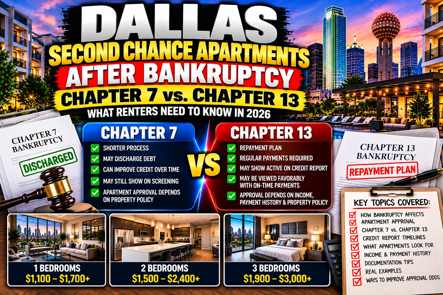 DALLAS SECOND CHANCE APARTMENTS AFTER BANKRUPTCY 2026 | CHAPTER 7 VS. CHAPTER 13, BAD CREDIT, BROKEN LEASES & LUXURY 1, 2 & 3 BEDROOM RENTALS