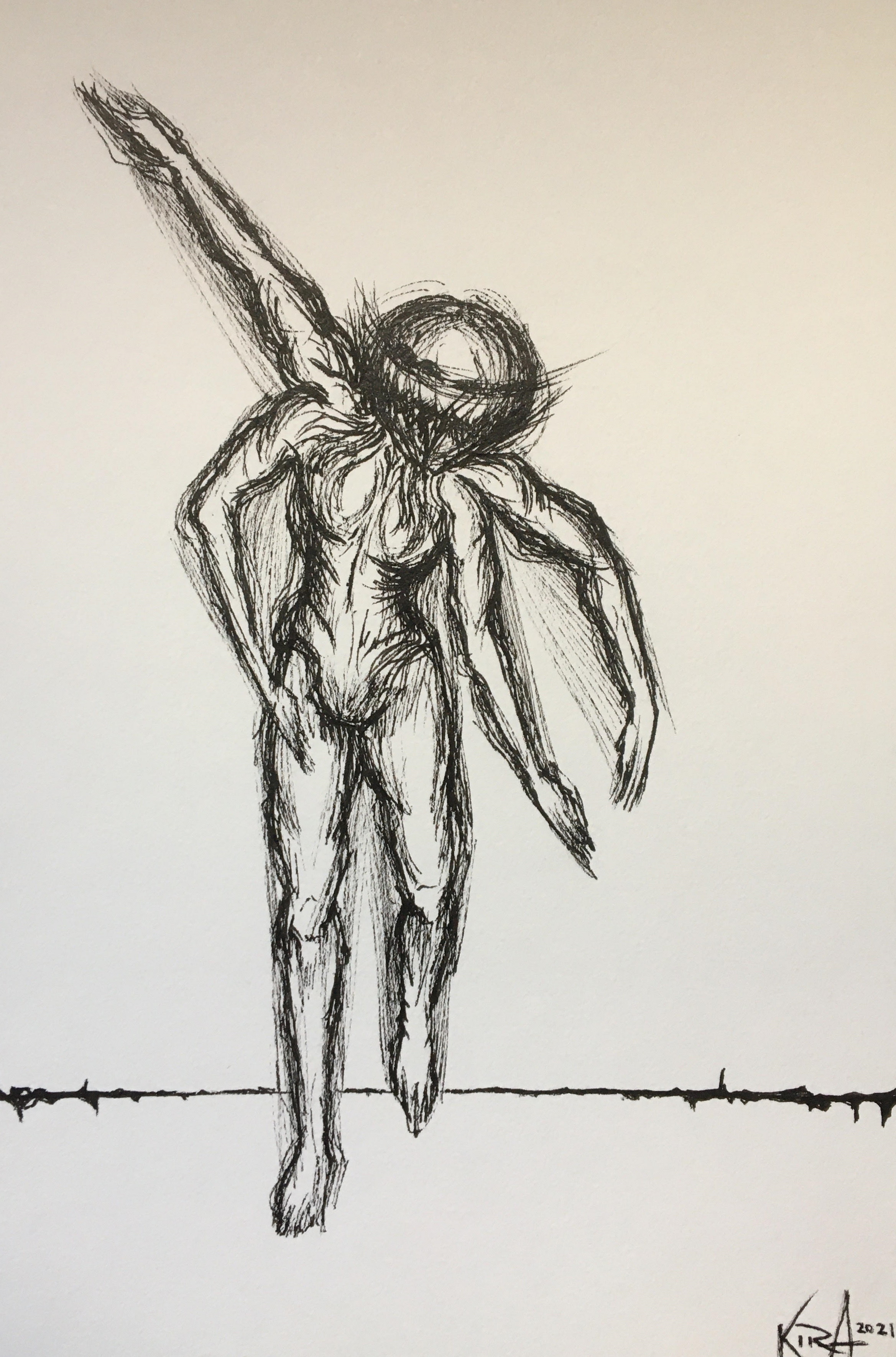 Drawing of a spectral figure with four arms, walking in an unclear motion